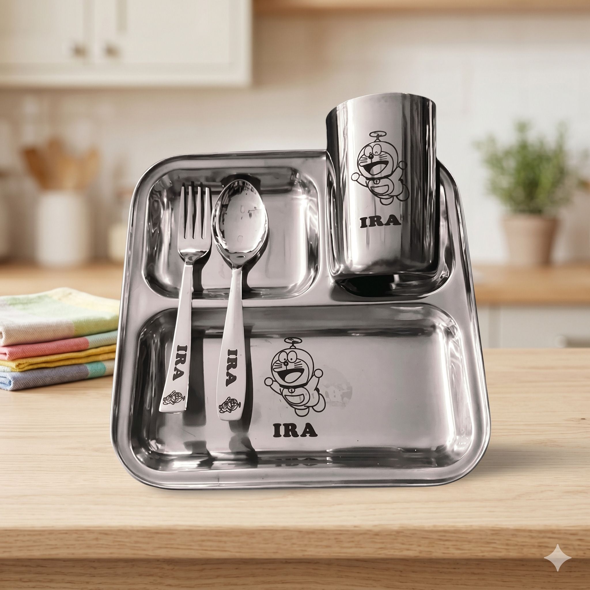 drgiftzone Stainless Steel Kids Dinner Set – Cartoon Print, Compartment Plate Stainless Steel, Silver-image-31