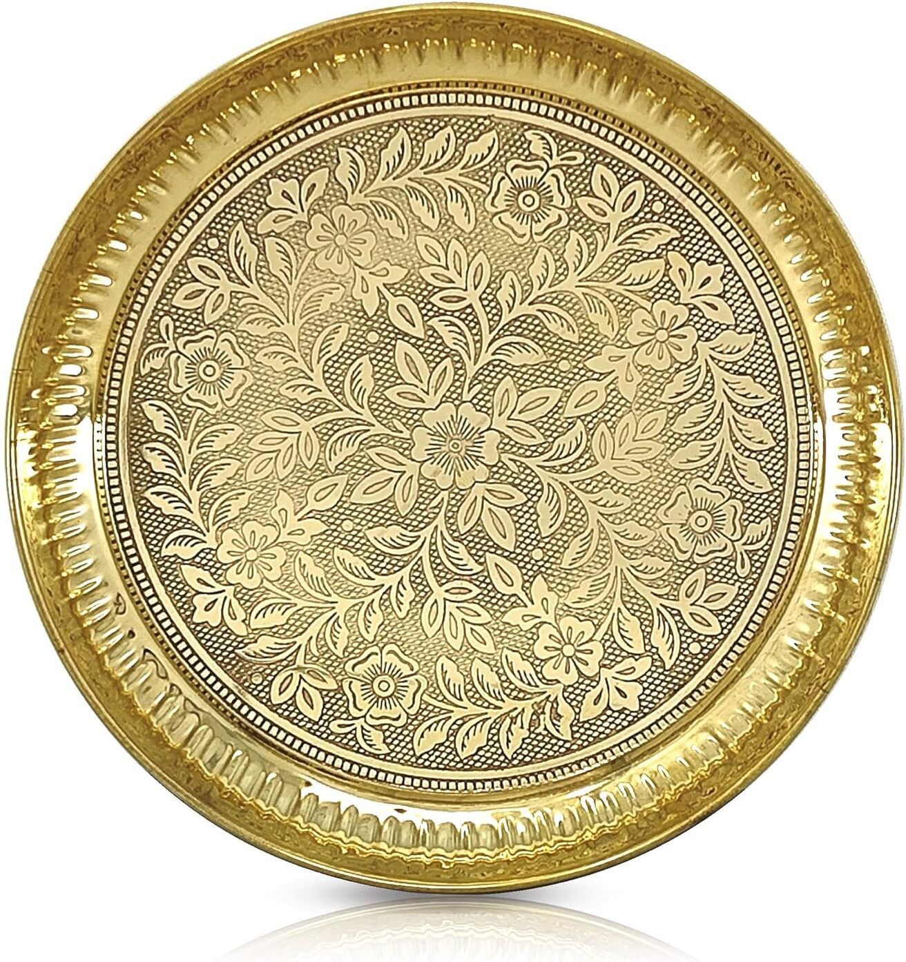 Pure Brass Designer Serving Tray | Engraved Brass Round Thali Brass, Gold-image-10