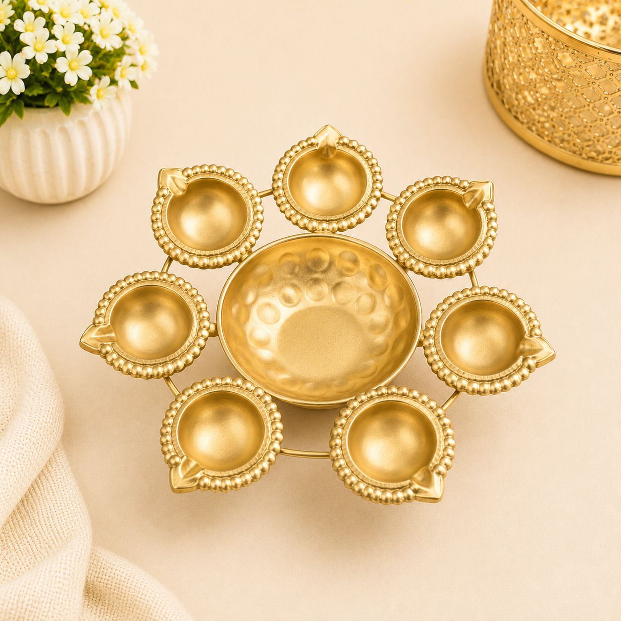 Gold Metal 7 Diya Flower Urli Set with Center Bowl | Pooja Décor Steel, Gold-image-42