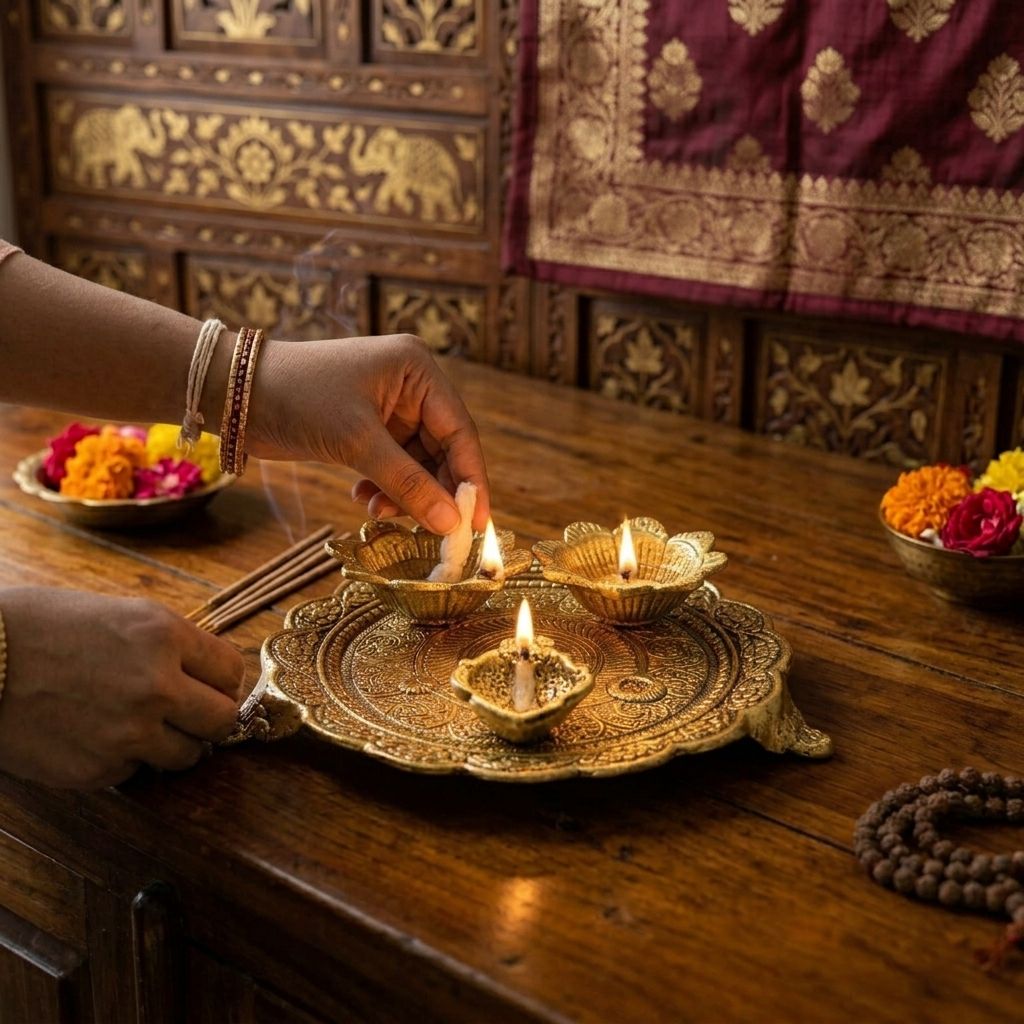 craftlayout Pooja Thali with Diya & Roli Chawal Bowl Aluminium, Gold-picture-16