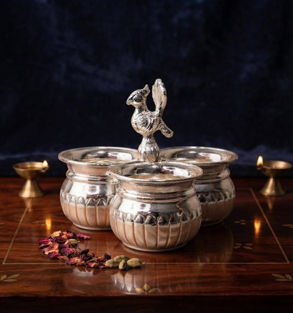 4x3 inch Brass Panchwala 3 Cup Haldi Kumkum Holder for Pooja Decor Brass, Silver Plated, Silver-image-10