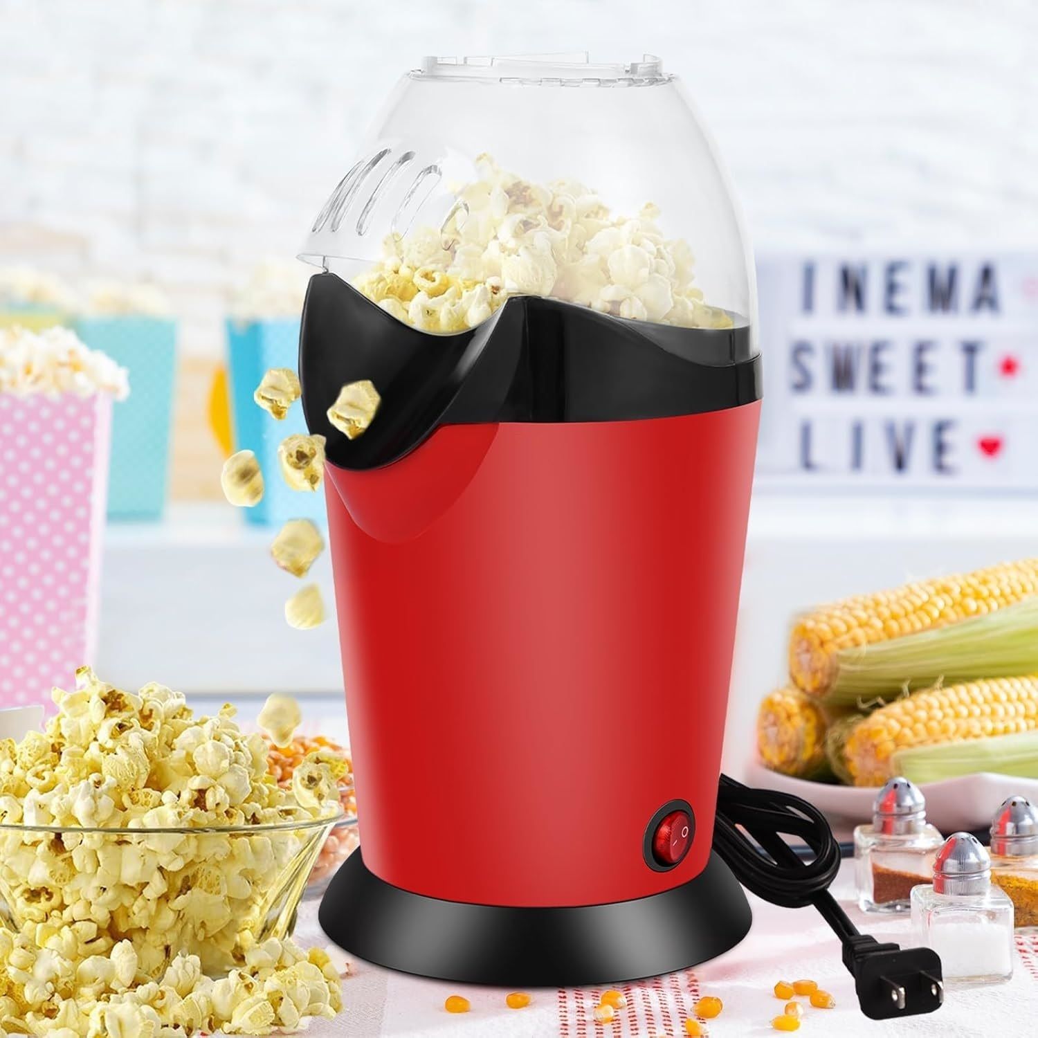 Electric Hot Air Popcorn Maker - 1200W High Explosion Rate Machine Instant Oil Free Popcorn Maker Machine with Measuring Cup 300 L Popcorn Maker