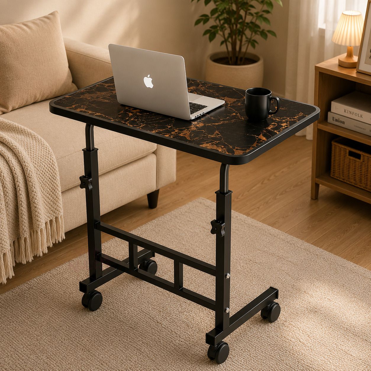 Adjustable Laptop Table with Wheels Portable Study Desk Black Marble Finish Wood Portable Laptop Table-image-24