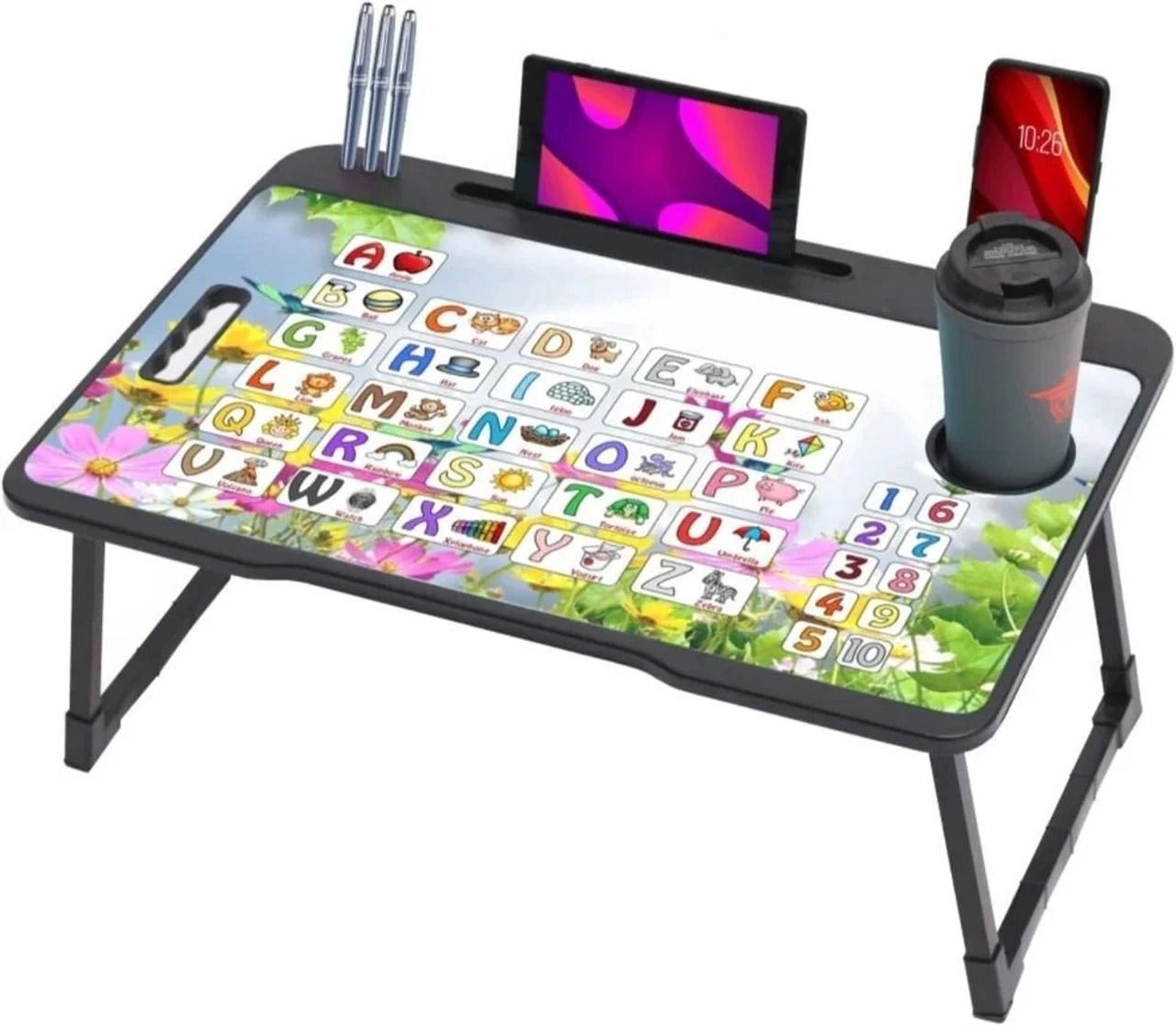 hvedora Foldable Kids Study Table with Cup Holder, Tablet Stand & ABC Print Desk Wood Portable Laptop Table-picture-28