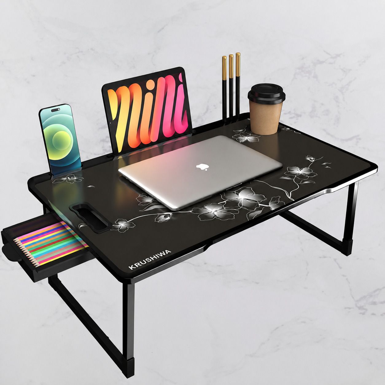 hvedora Foldable flower Theme Laptop Study Table with Drawer & Cup Holder Desk Wood Portable Laptop Table-picture-12