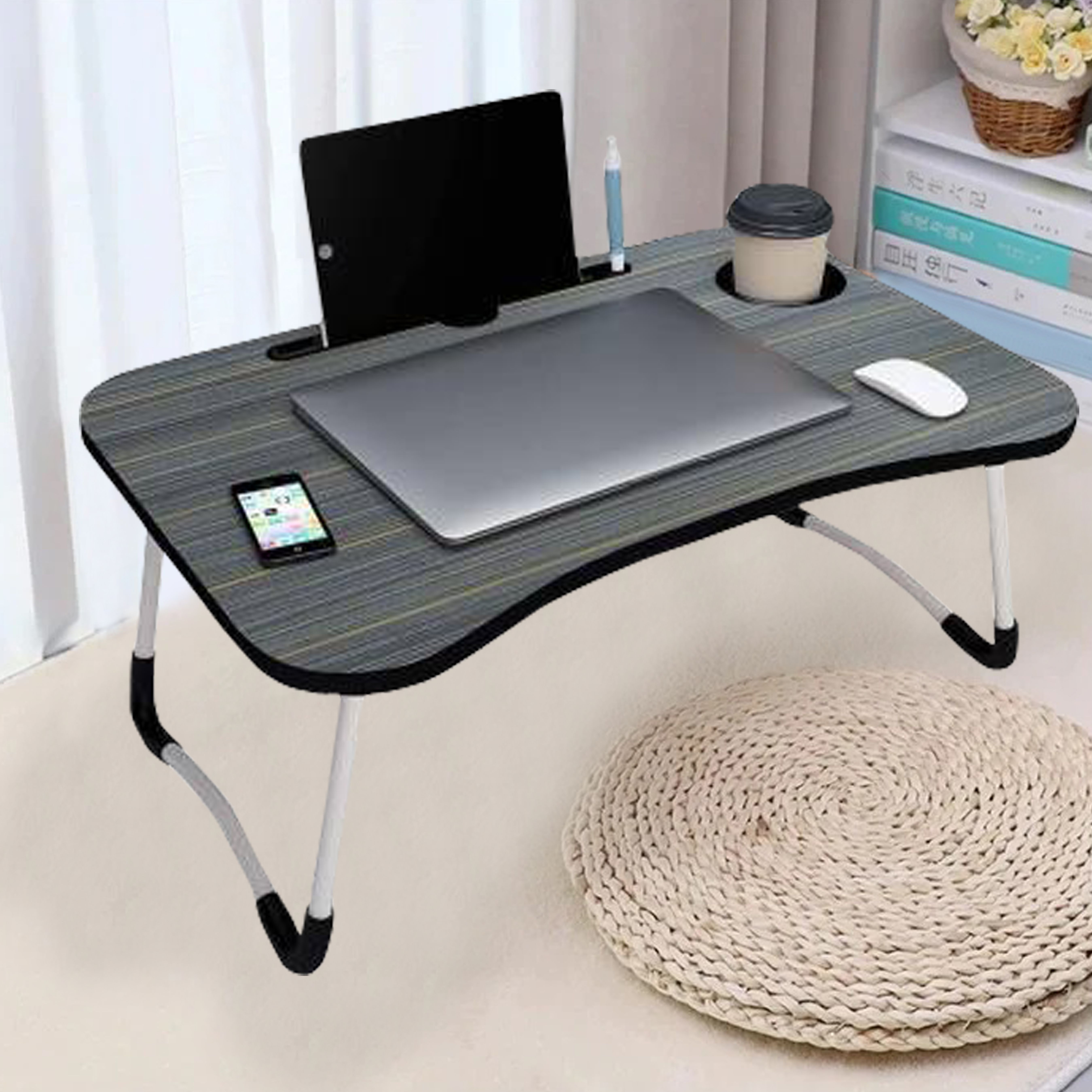 Multipurpose Foldable with Cup Holder, Study , Bed, Wood Portable Laptop Table