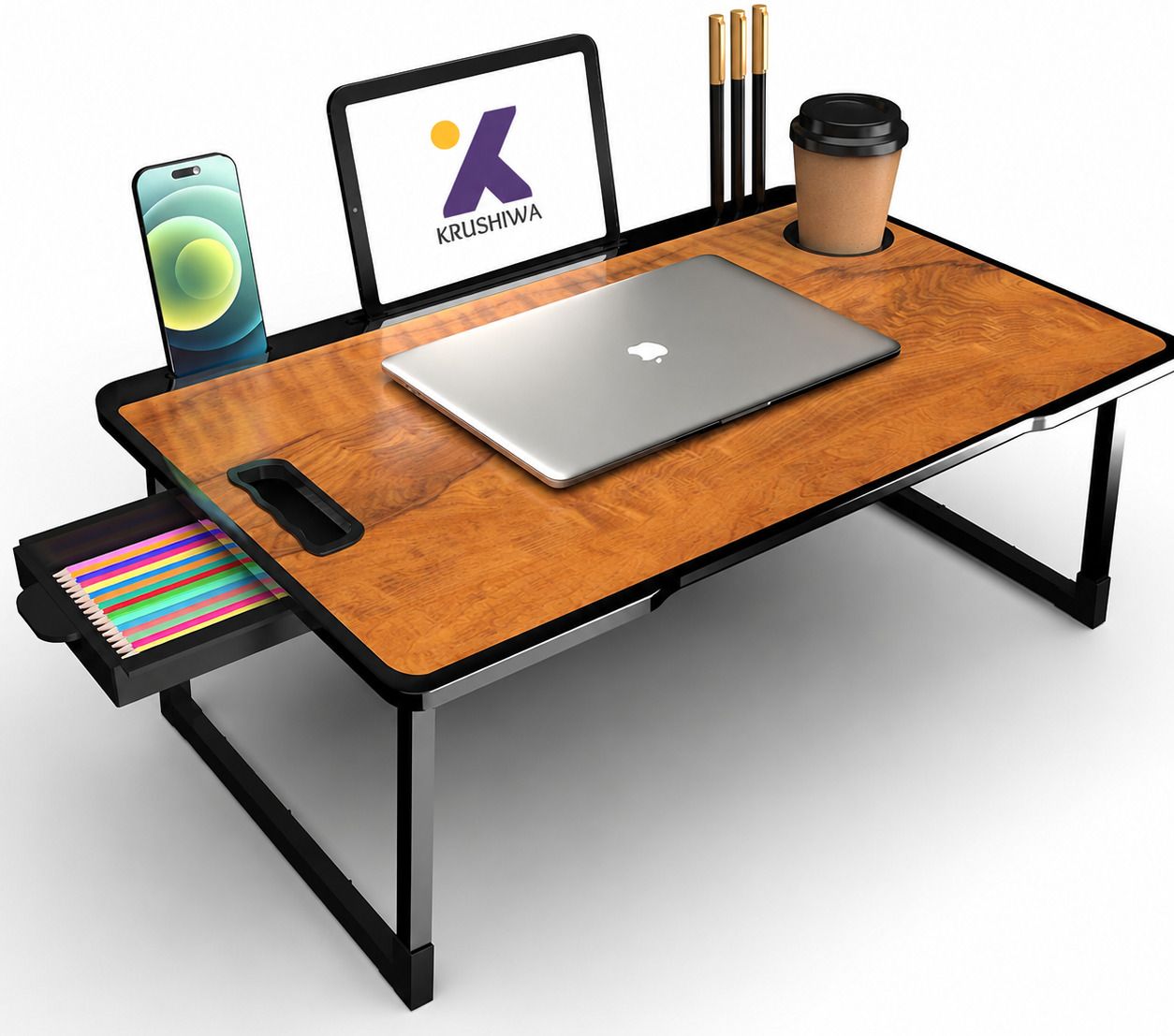 krushiwa Foldable Wooden Laptop Table with Drawer, Cup Holder & Tablet Stand Wood Portable Laptop Table-picture-19