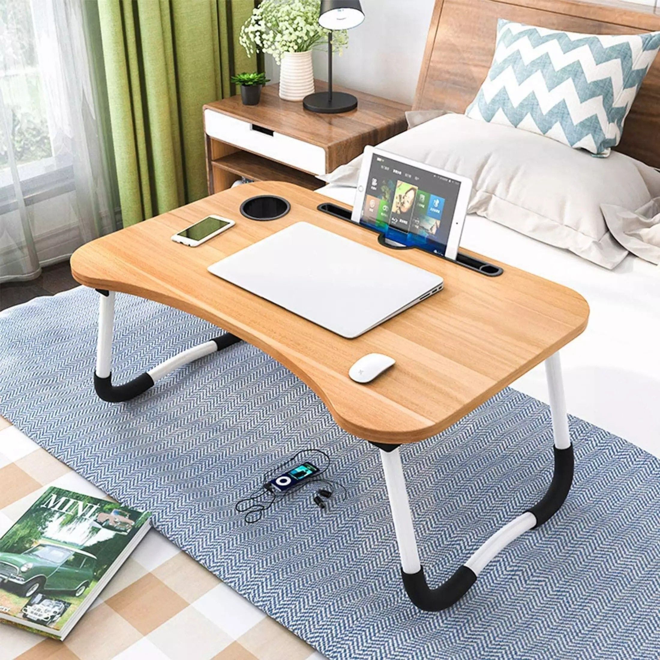 Multipurpose Foldable with Cup Holder, Study , Bed Wood Portable Laptop Table