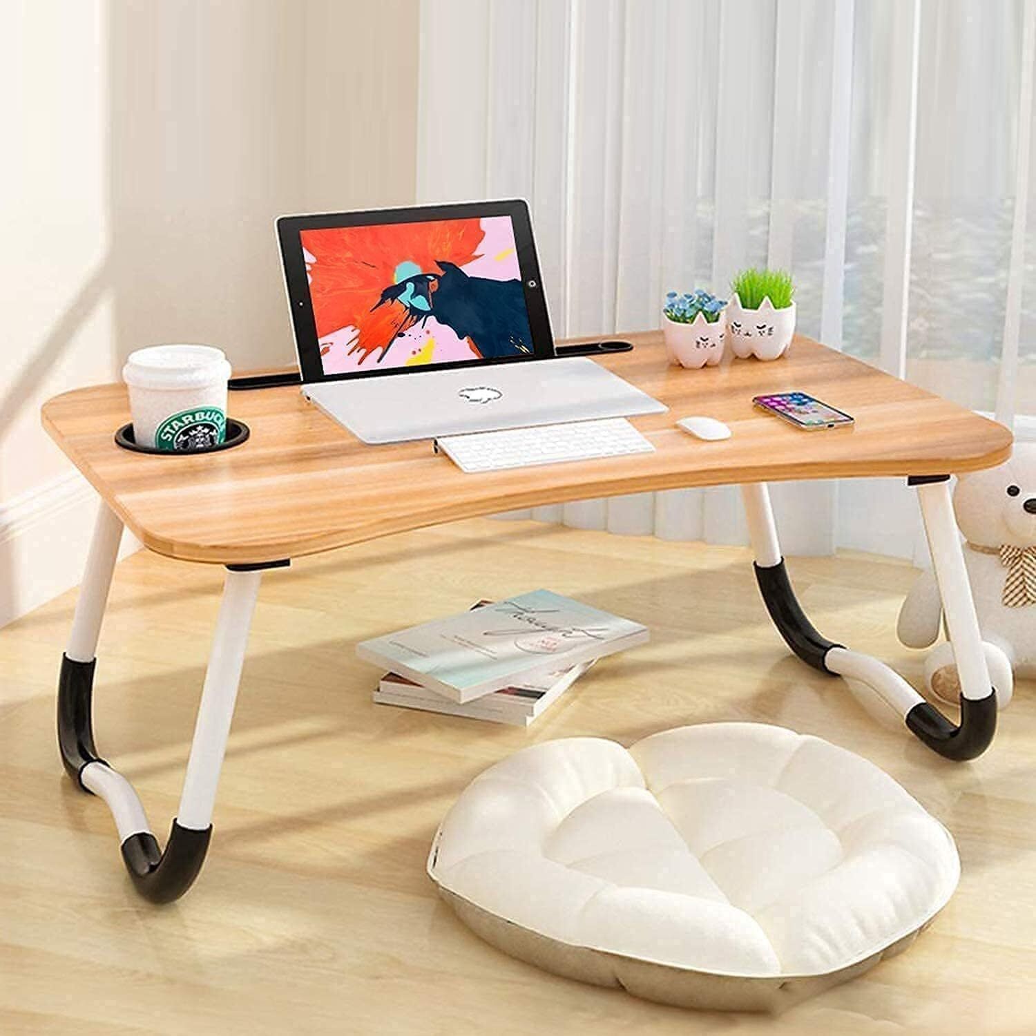 hvedora Foldable Wooden Laptop Study Table with Cup Holder & Bed Desk, Brown Wood Portable Laptop Table-picture-16