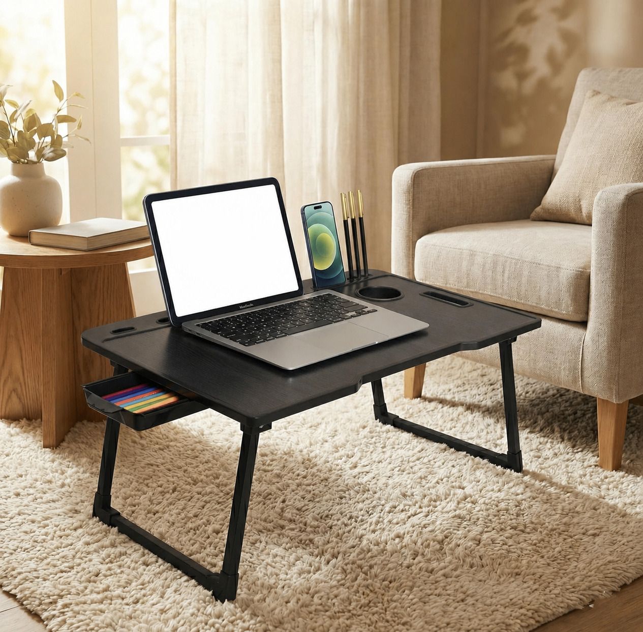 hvedora Foldable Laptop Study Table with Drawer, Cup Holder & Tablet Stand Desk Wood Portable Laptop Table-picture-48