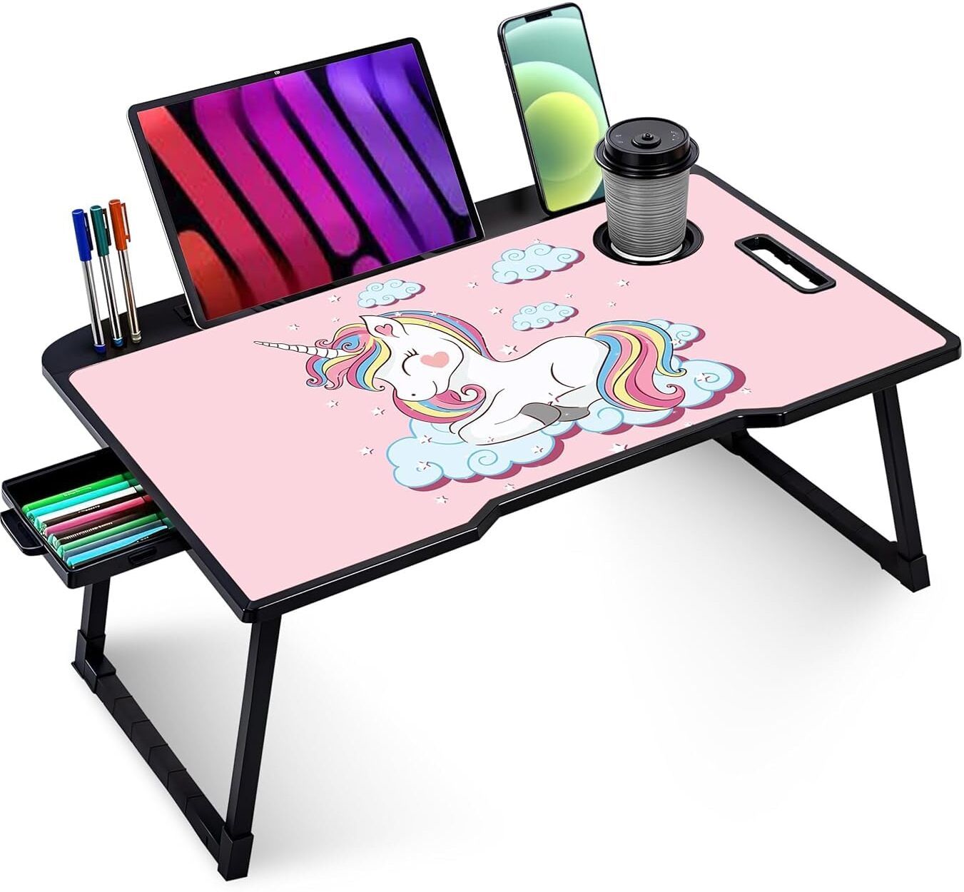 kedansh Foldable Unicorn Study Table with Drawer, Cup Holder & Tablet Stand Desk Wood Portable Laptop Table-picture-13