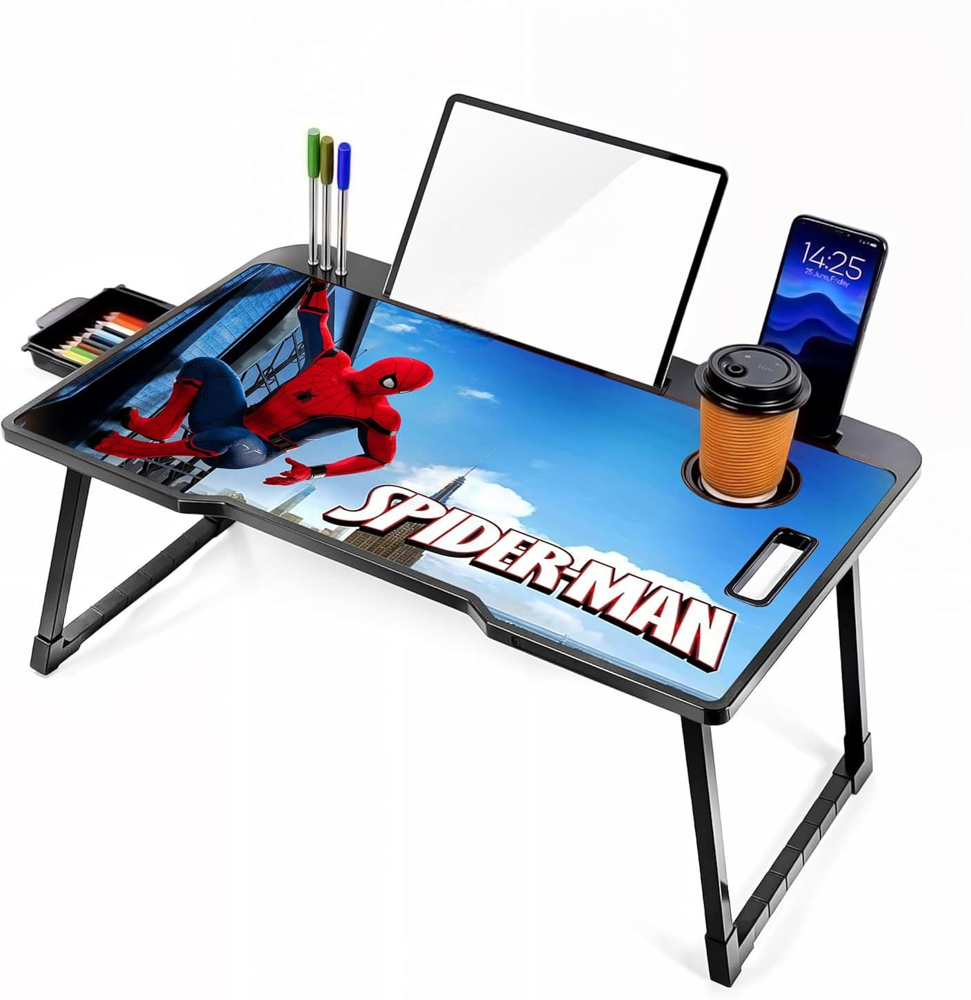 krushiwa Foldable Laptop Table with Drawer, Cup Holder & Spider-Man Print Desk Wood Portable Laptop Table-picture-17