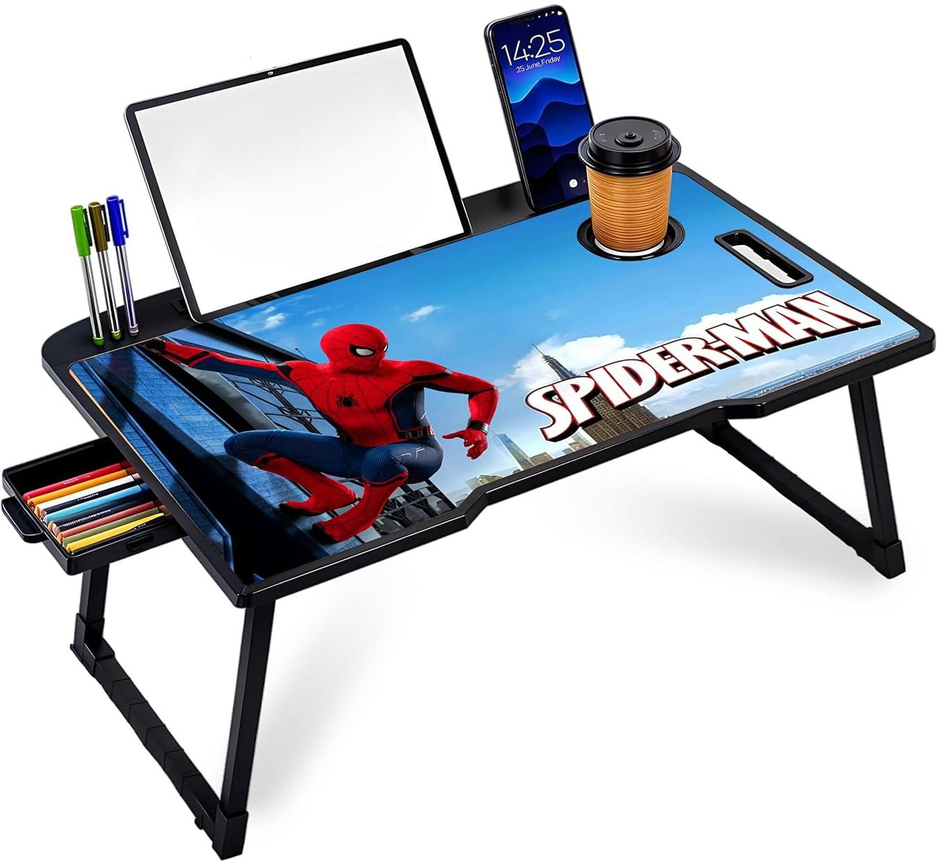 kedansh Foldable Spider-Man Study Table with Drawer, Cup Holder & Tablet Stand Wood Portable Laptop Table-picture-19