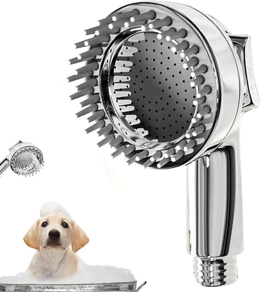 Pet Shower Head Attachment with Dual Spray and Massage Brush Battery Powered Portable Shower