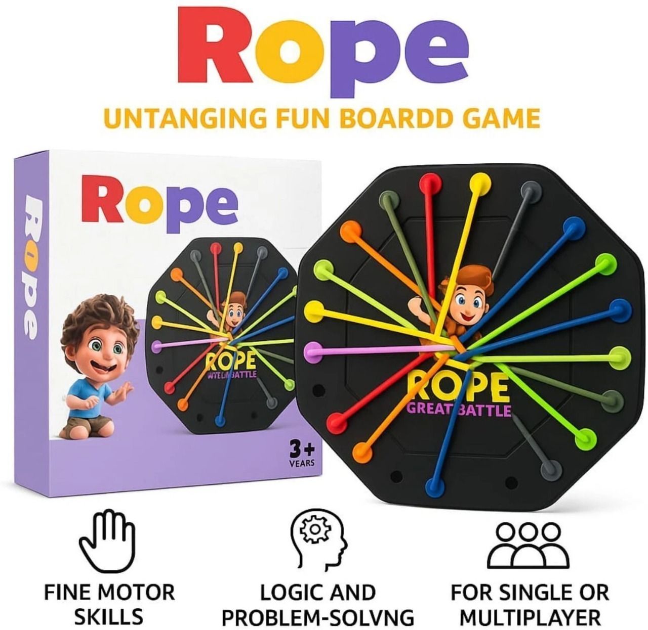 orsino Rope Untangling Puzzle Game with 10 Elastic Ropes | Brain Teaser Strategy Toy 15 cm Post Rope-picture-16
