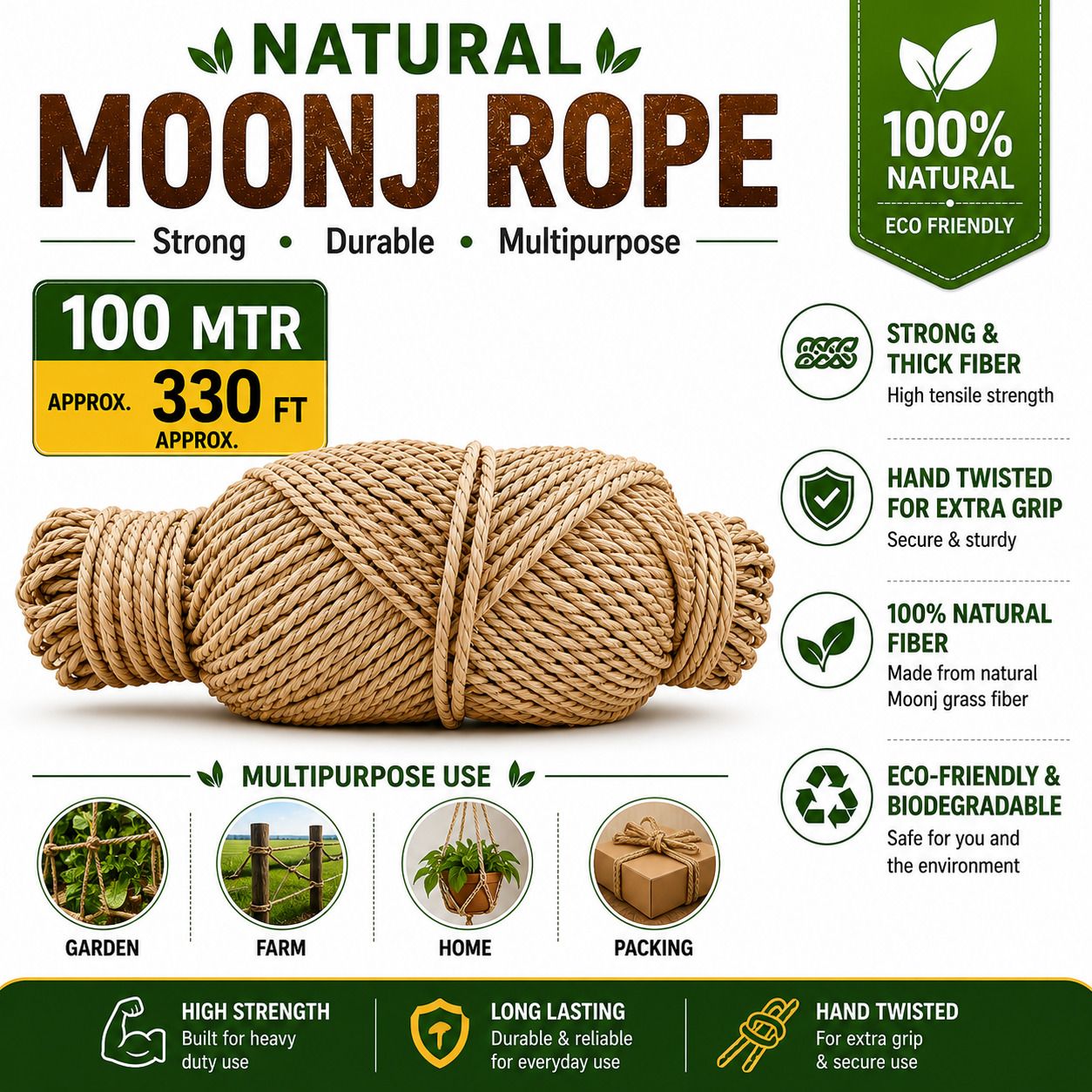 harsh kriti Natural Moonj Rope 100M (Approx. 330 FT) 6MM Thick for Garden & Home Use 100 m Post Rope-picture-26