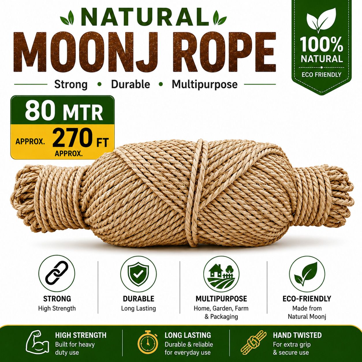 Natural Moonj Rope 80M (Approx. 270 FT) 6MM Thick for Garden & Home Use 80 m Post Rope-image-16