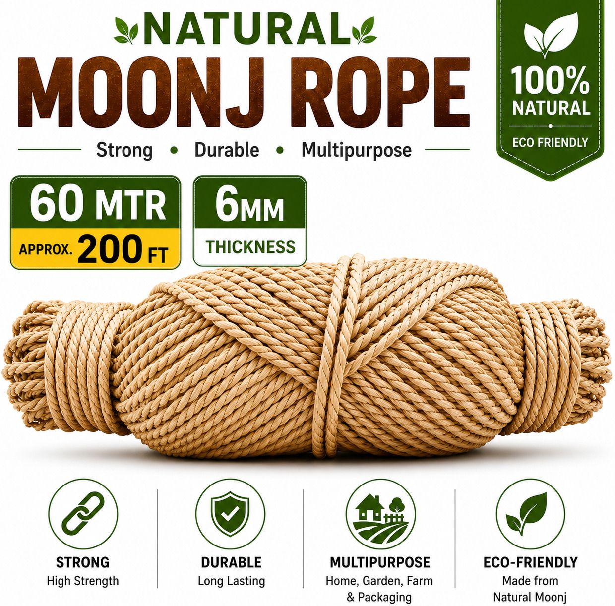 harsh kriti Natural Moonj Rope 60M (Approx. 200 FT) 6MM Thick for Garden & Home Use 60 m Post Rope-picture-22