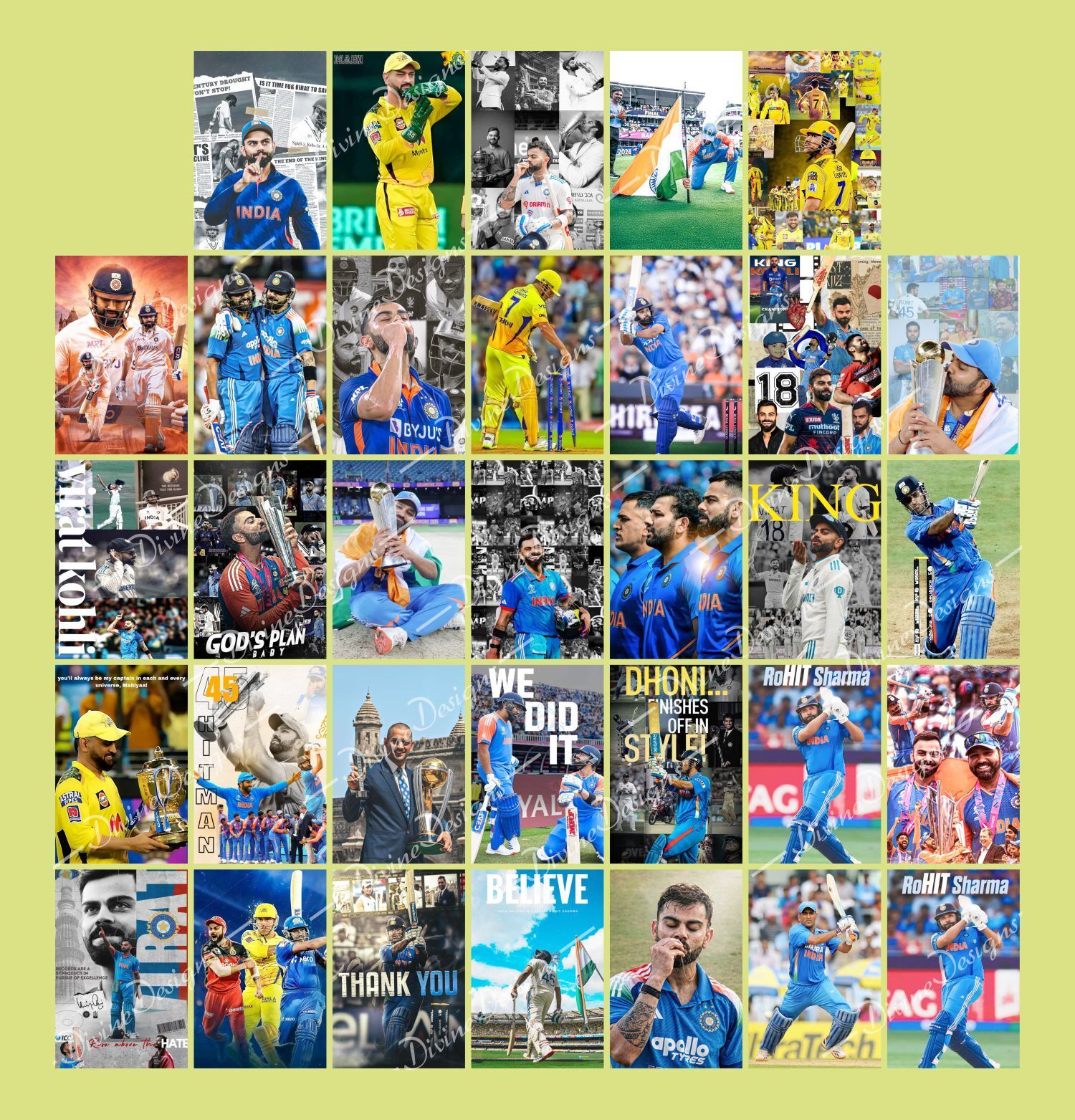 Pack of 33 Indian Legends Rohit Virat Dhoni Collage Kit Posters | Posters for Wall Decoration | Wall Art For Bedroom, Office, Living room, (6 inch X 4 inch) Set of 33 Indian Legends Vinyl Prints (6 inch X 4 inch, Rolled) Paper Print-image-15