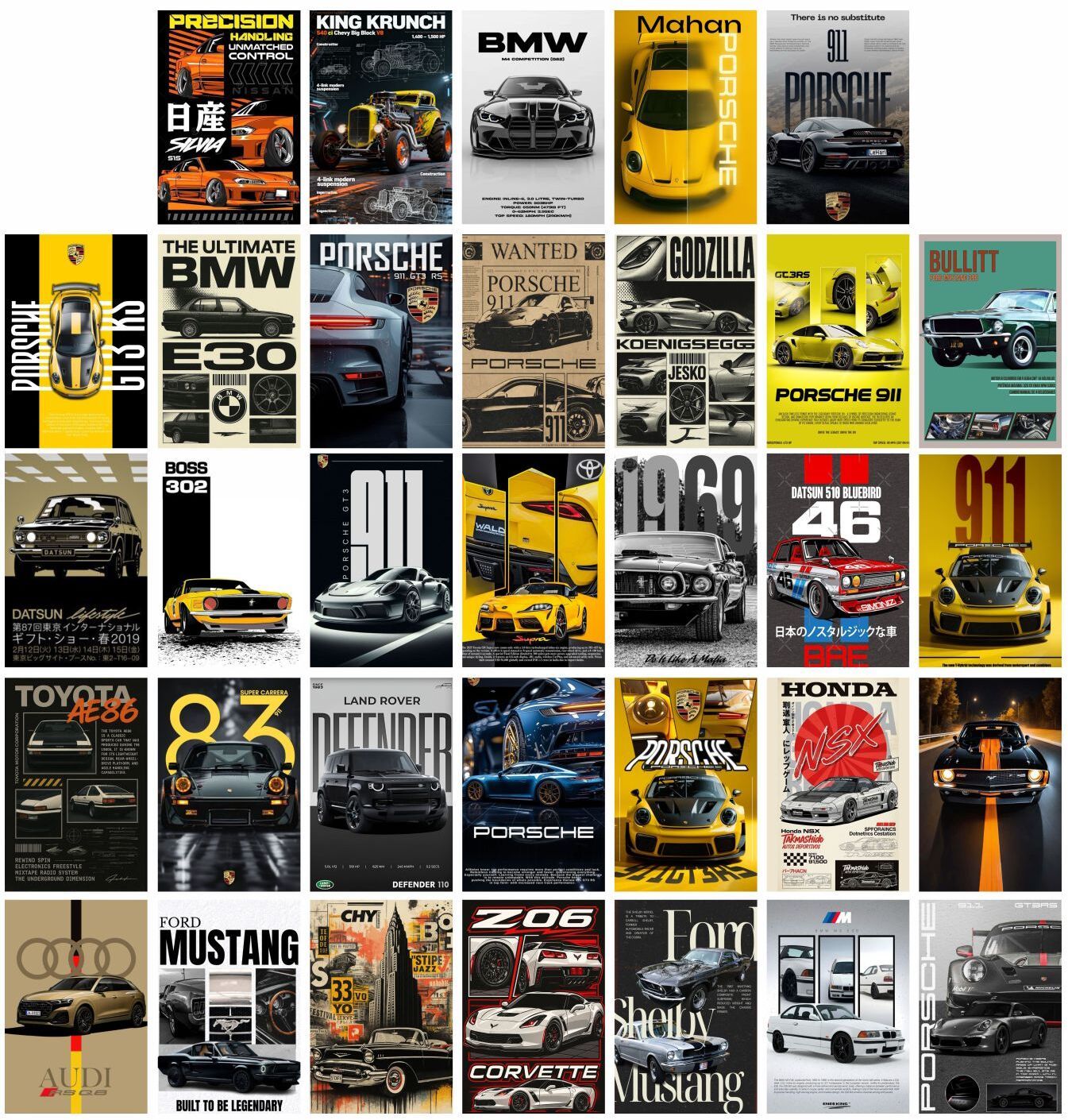 Pack of 33 Racing Cars Collage Kit Posters | Posters for Wall Decoration | Wall Art For Bedroom, Office, Living room, (6 inch X 4 inch) Set of 33 Cars Prints Vinyl