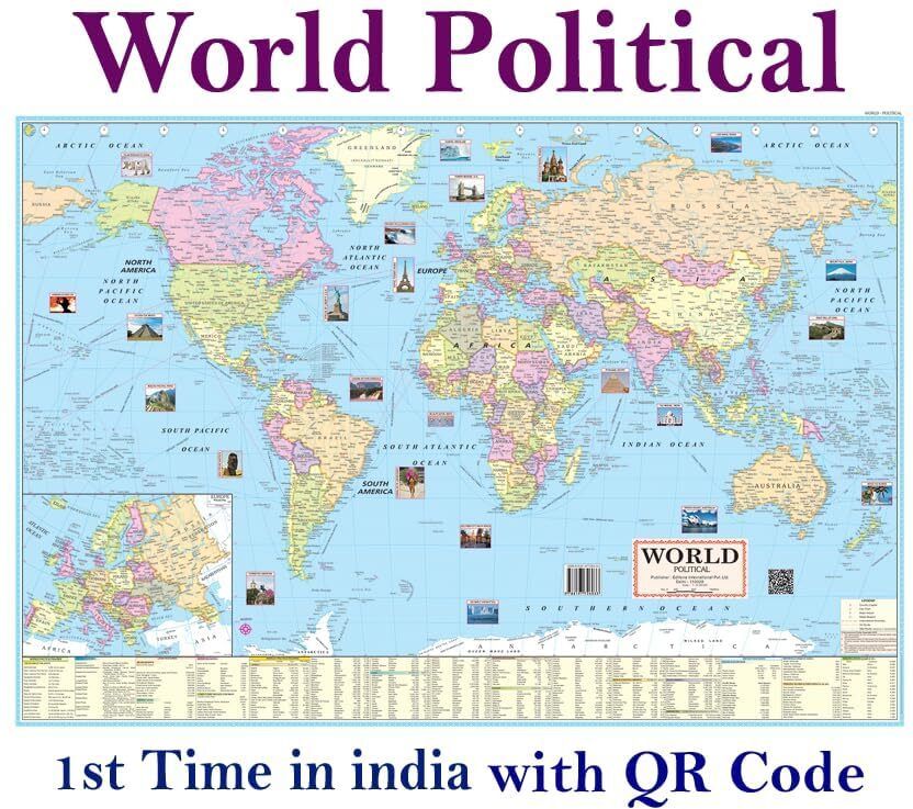 World Political Map Wall Poster, with QR Code, Paper Print, 100x70 cm Set of 1 Paper Print-image-4