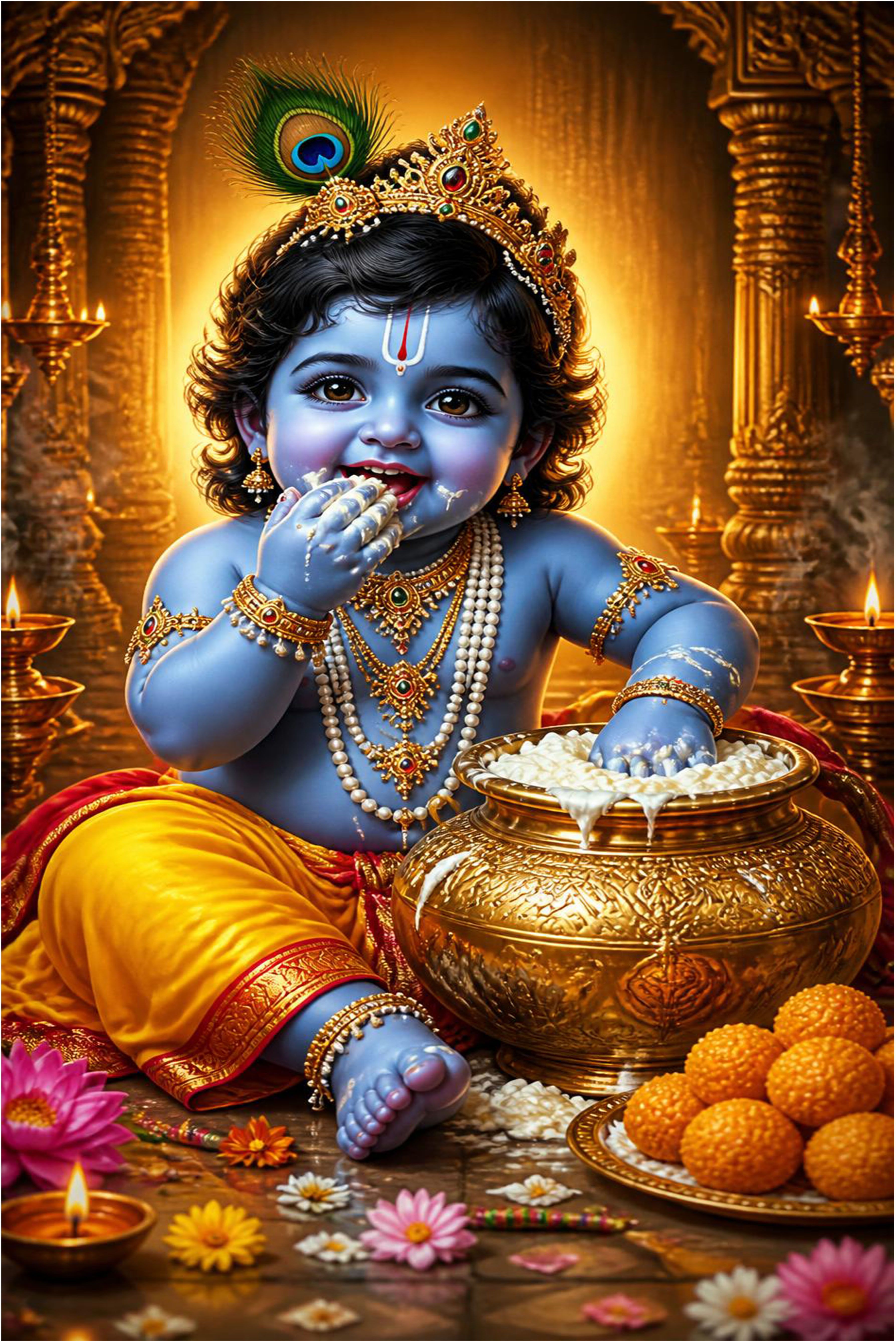 Lord Krishna Eating Butter Wall Poster | Premium HD Gloss Laminated Print F-98 Paper Print-image-1