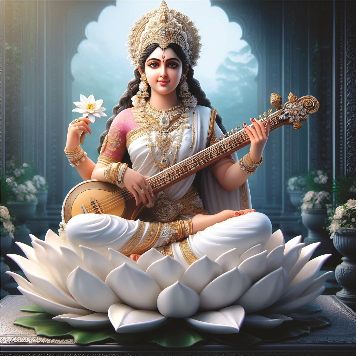 Meri Decor Maa Saraswati With White Lotus God Wall Poster For Pooja Room, Living Room, Office (Size -40Cm X 40Cm) Vinyl-image-15