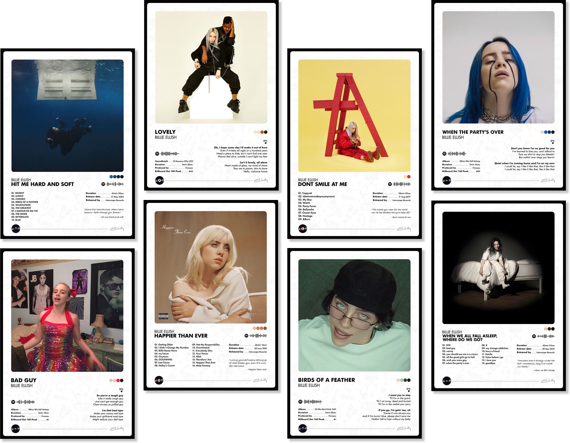 Billie Eilish Music Album Posters Set of 8 | 12x8 Inch Matte Finish Wall Posters | 300 GSM Premium Paper | Aesthetic Music Album Wall Decor | Sticky Dots Included | Photographic Paper-image-48