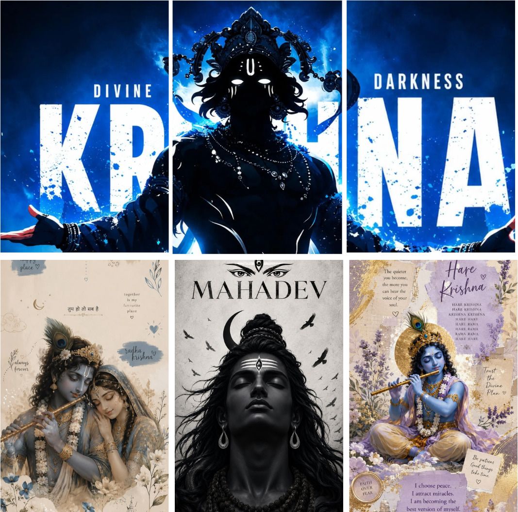 AADHA RETAILŞ Lord Krishna Radha and Meditating Mahadev Shiv Devotional Wall Posters Pack of 6 A4 Size 8.2x11.7 Inch Each Ultra Thick 400 GSM Cardstock Premium HD Spiritual Continuous Split Triptych Affirmations Art Prints Set for Pooja Room Home and Living Room Unframed Fine Art Print-image-1