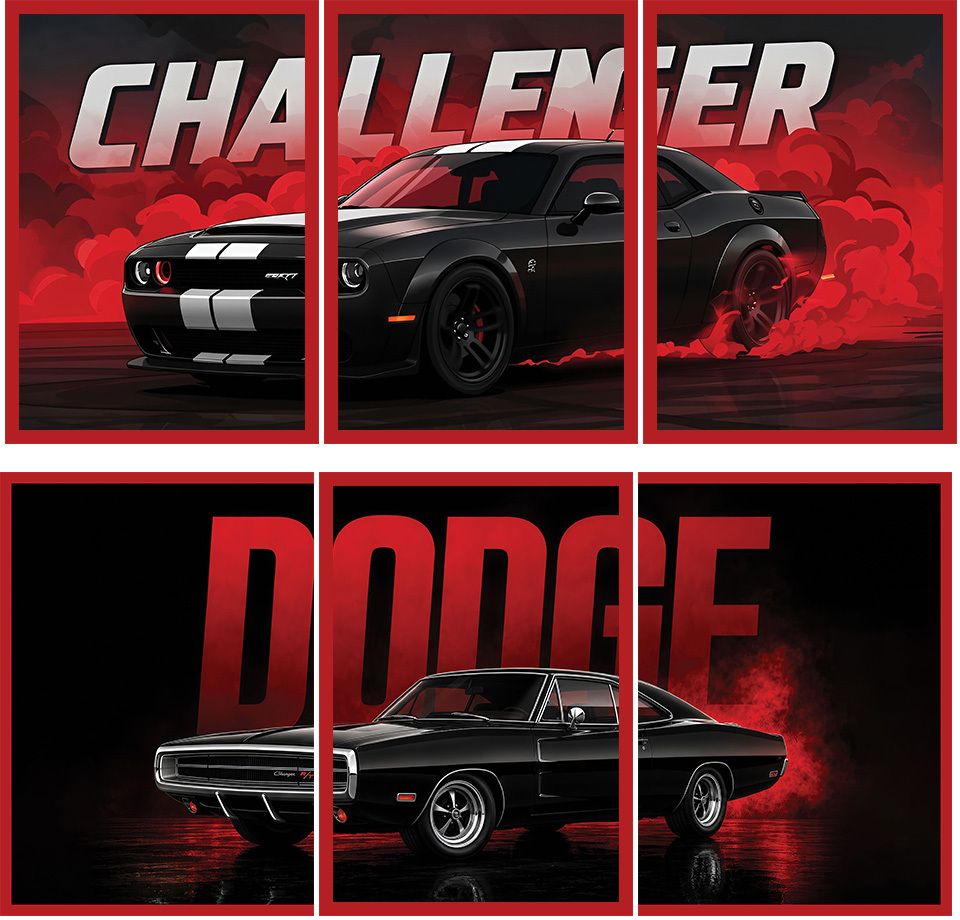 Car Poster for Wall | Dodge Challenger Red Theme 2 Split 3A4 Wall Posters Fine Art Print-image-48