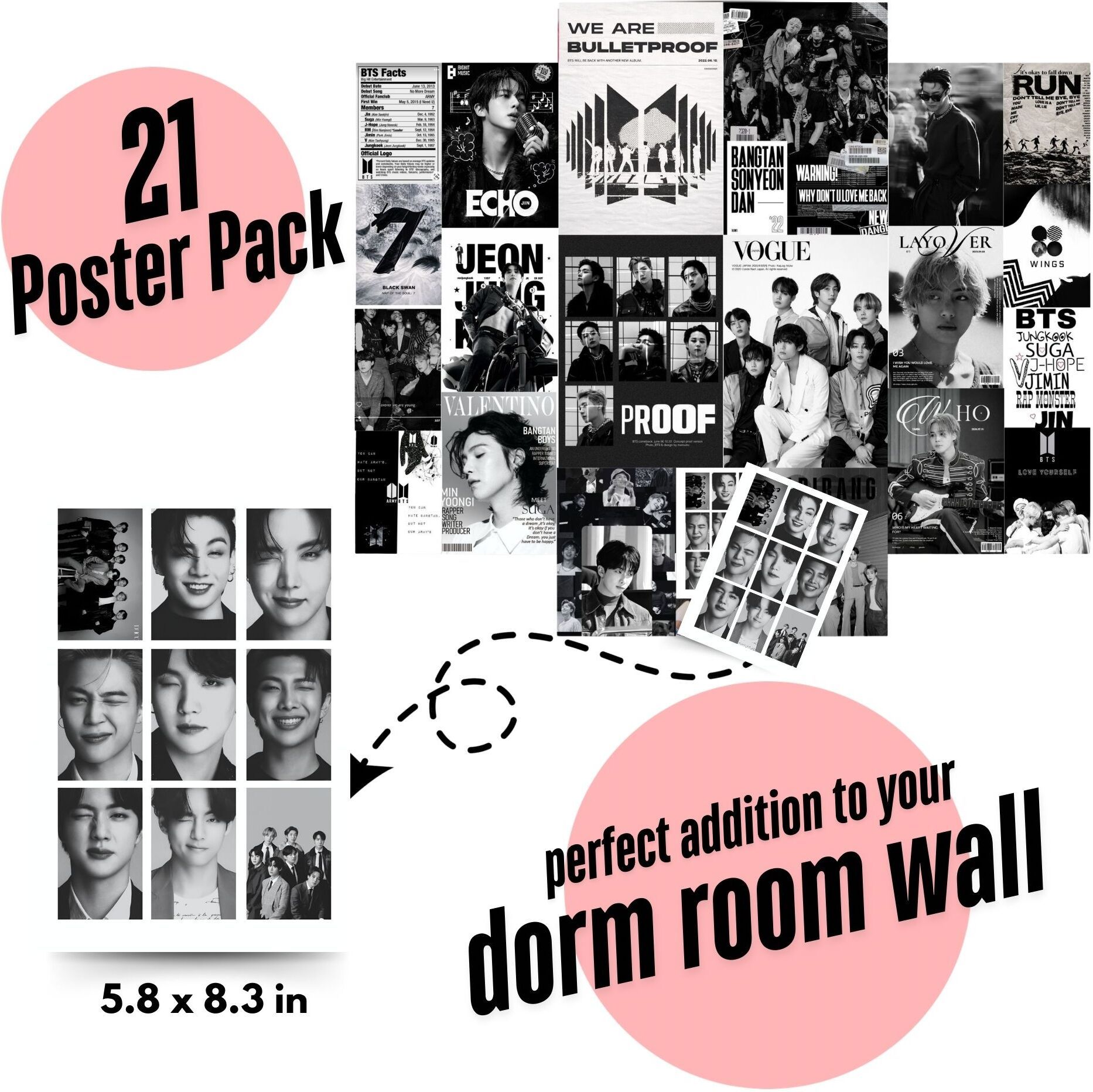 BTS 21 Wall Poster Kit Black & White | 4 A4 + 8 A5 + 9 A6 | Jungkook Suga V Jimin J-Hope RM Jin | Unframed Wall Collage Set with Glue Sheet | Kpop Room Décor for ARMY | Proof Layover Wings | 300 GSM Fine Art Print-image-1