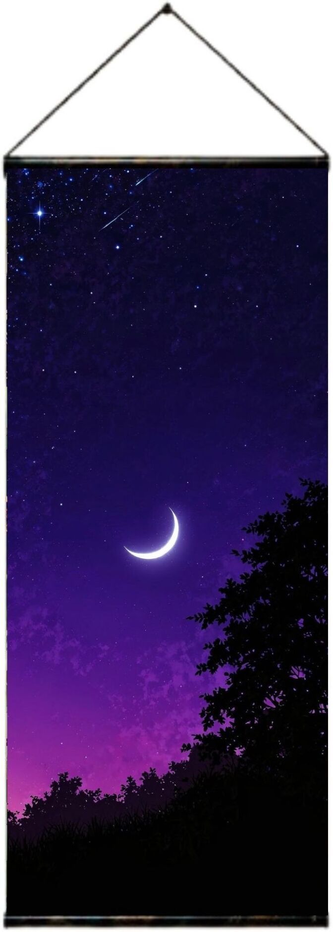 divine jewels Anime Crescent Moon Night Sky Wall Scroll – Starlight & Silhouette Tree Hanging Art Print 3D Poster-picture-12