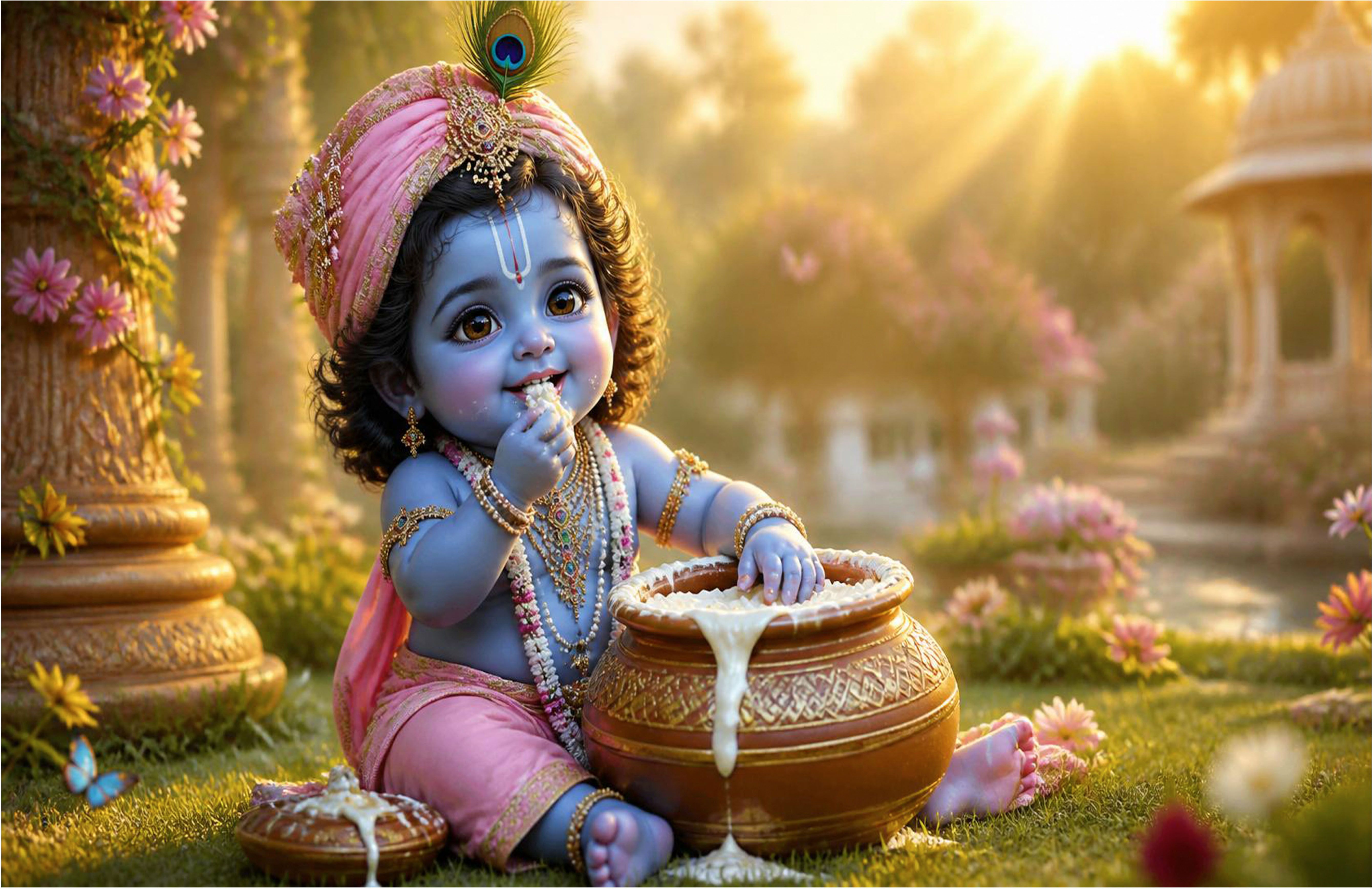 Lord Krishna Eating Butter Wall Poster | Premium HD Gloss Laminated Print F-32 Paper Print-image-2