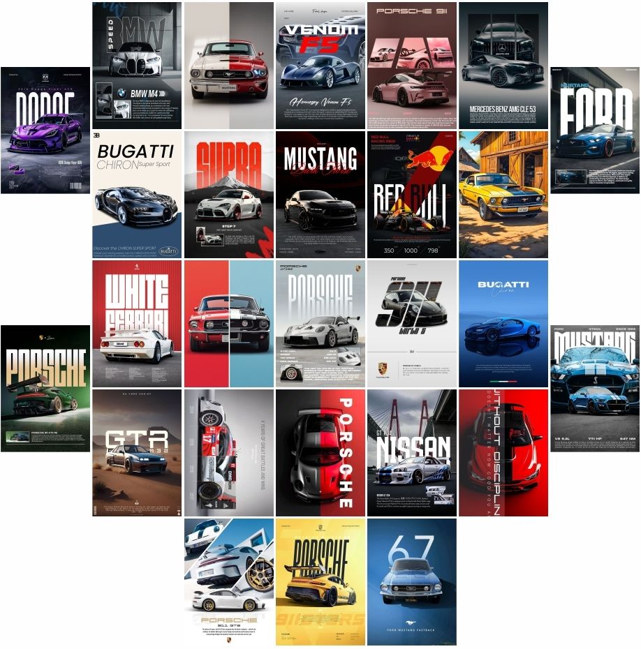 the arsh studio Pack of 27 Car Aesthetic Wall Collage Kit Posters | Posters for Wall Decoration | Wall Art For Bedroom, Office, Living room, Dorm room Photographic Paper -Gifting ideas- Photographic Paper (6 inch X 4 inch, set of 27 cars prints BMW Paper Print-picture-27