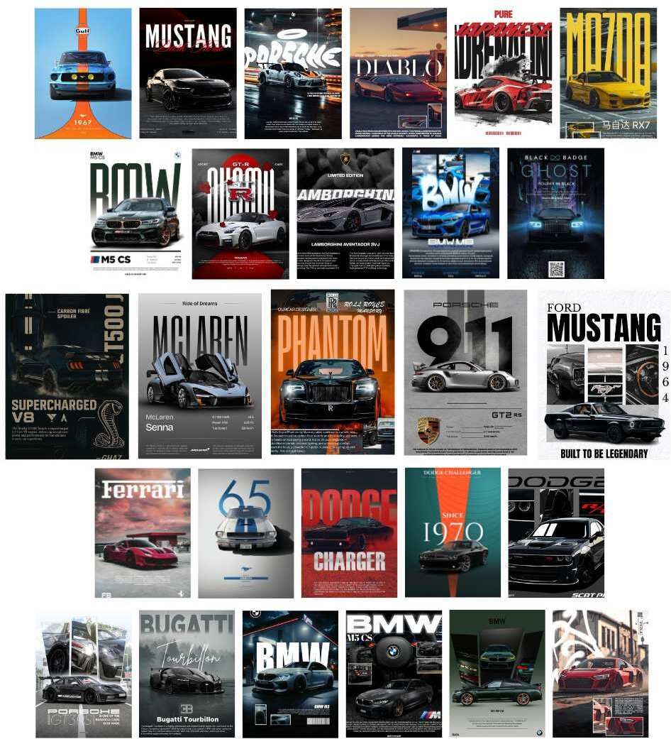 Pack of 27 Car Aesthetic Wall Collage Kit Posters | Posters for Wall Decoration | Wall Art For Bedroom, Office, Living room, Dorm room Photographic Paper -Gifting ideas- Photographic Paper (6 inch X 4 inch, set of 27 cars prints) Photographic Paper