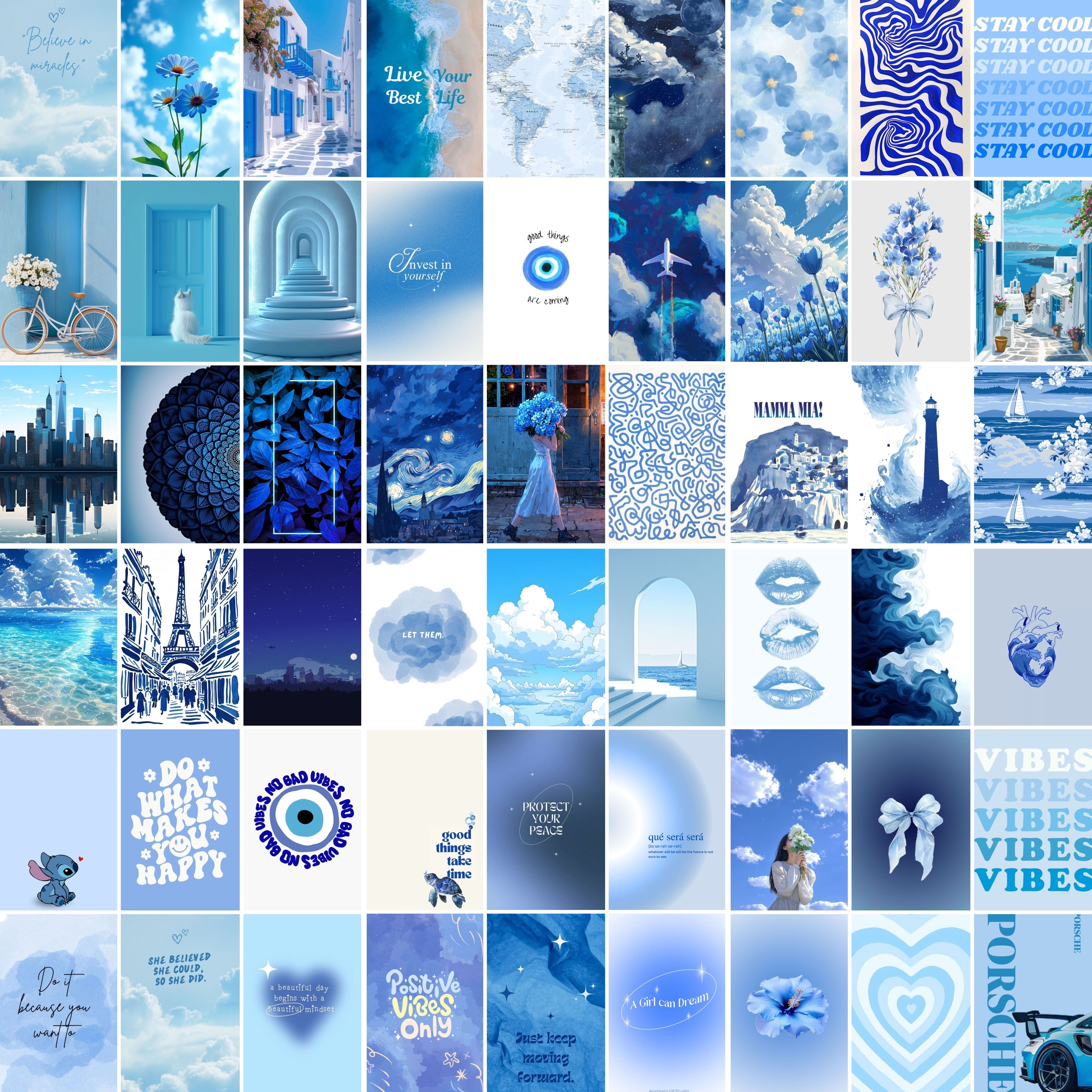 BLUE Aesthetic Wall Collage Kit for Room Decor | Set of 54 Aesthetic Posters | 300 GSM Artcard Paper | Size 4x6 Inch | Unframed | (BLUE) | Free Tape . Photographic Paper-image-3