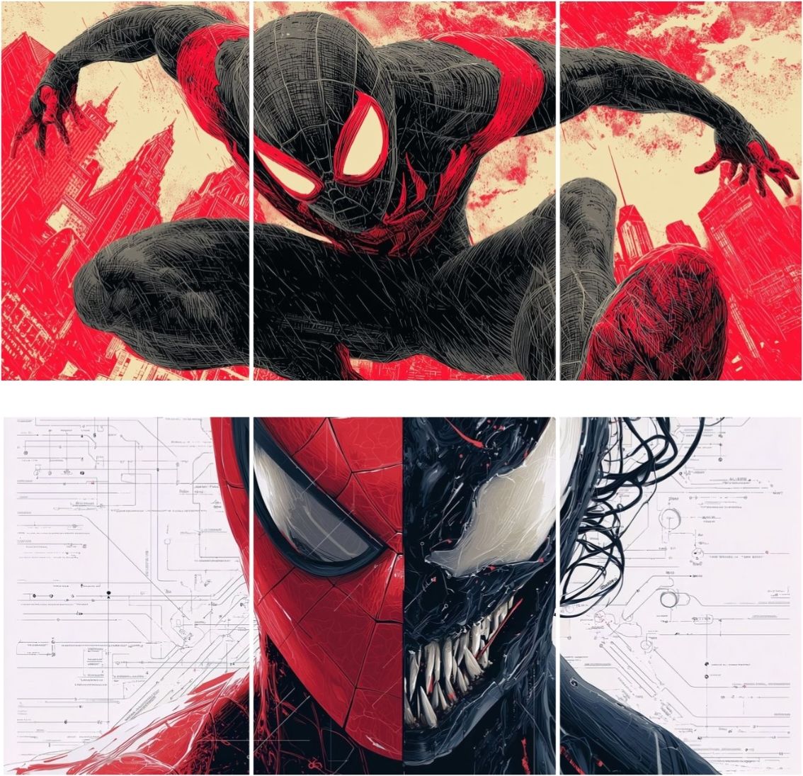 Premium Spider-Man Miles Morales & Venom Split Canvas Poster Set – 6 Panel Wall Art (combo of 2) Photographic Paper-image-46