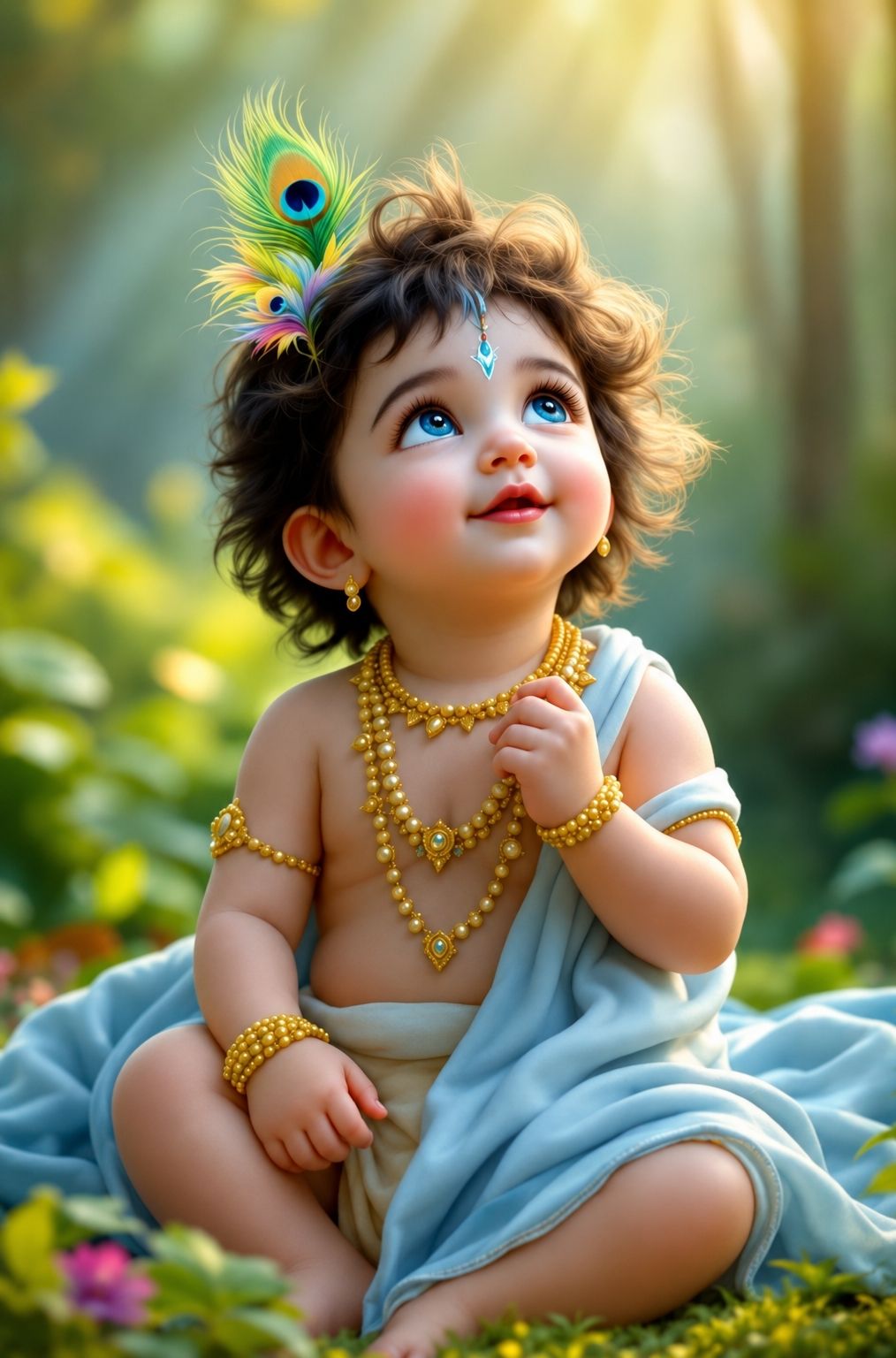 Cute Baby Krishna Wall Painting | Bal Gopal Divine Canvas Art Print | Krishna Home Decor Poster with Peacock Feather | 12 x 18 Inch Photographic Paper-image-32