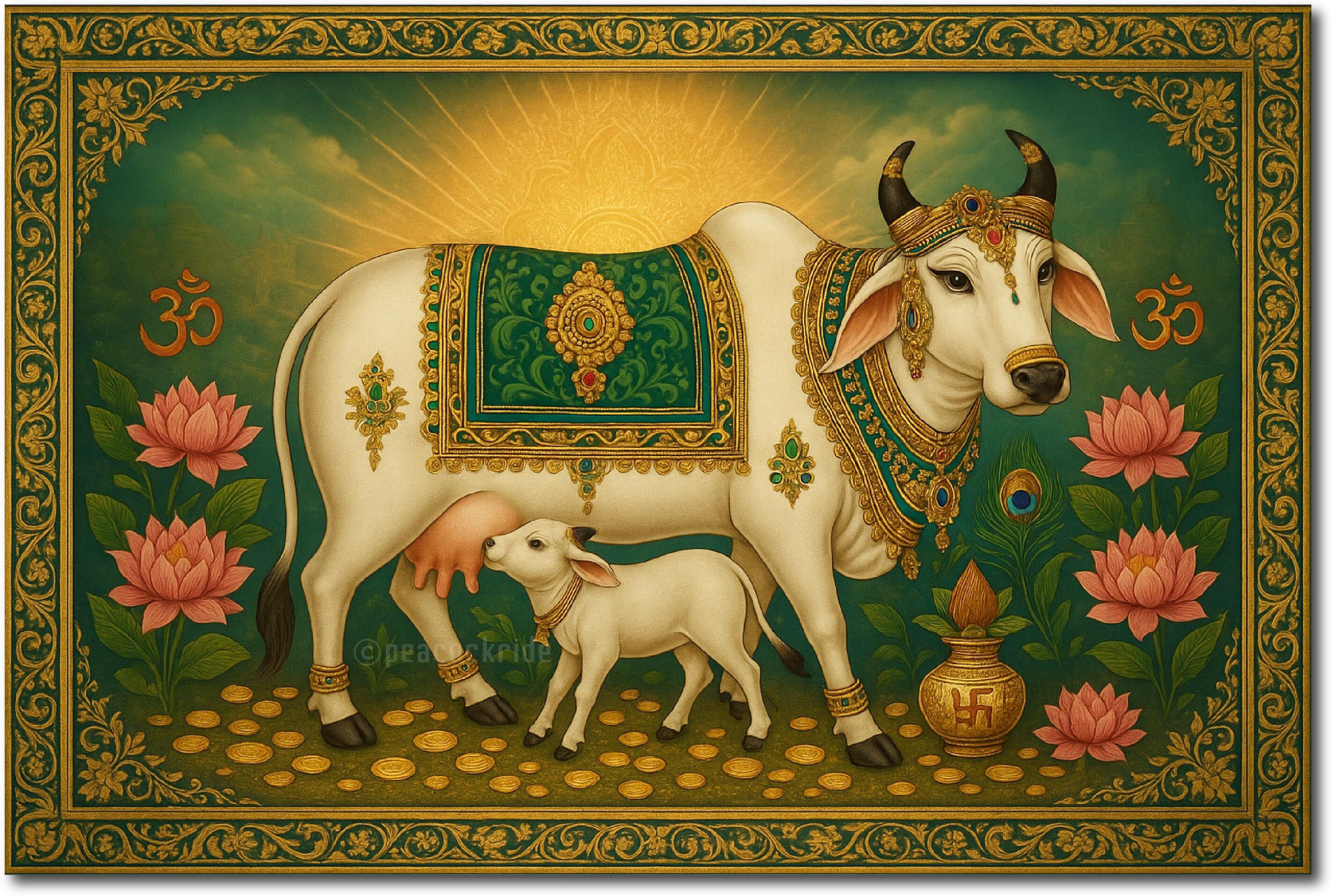 Kamdhenu Cow I Komatha I Gomatha I Kamdhenu I Cow Madhubani I Cow with Calf I Sacred Cow I Vastu I Wall Poster A4 Fine Art Print-image-40