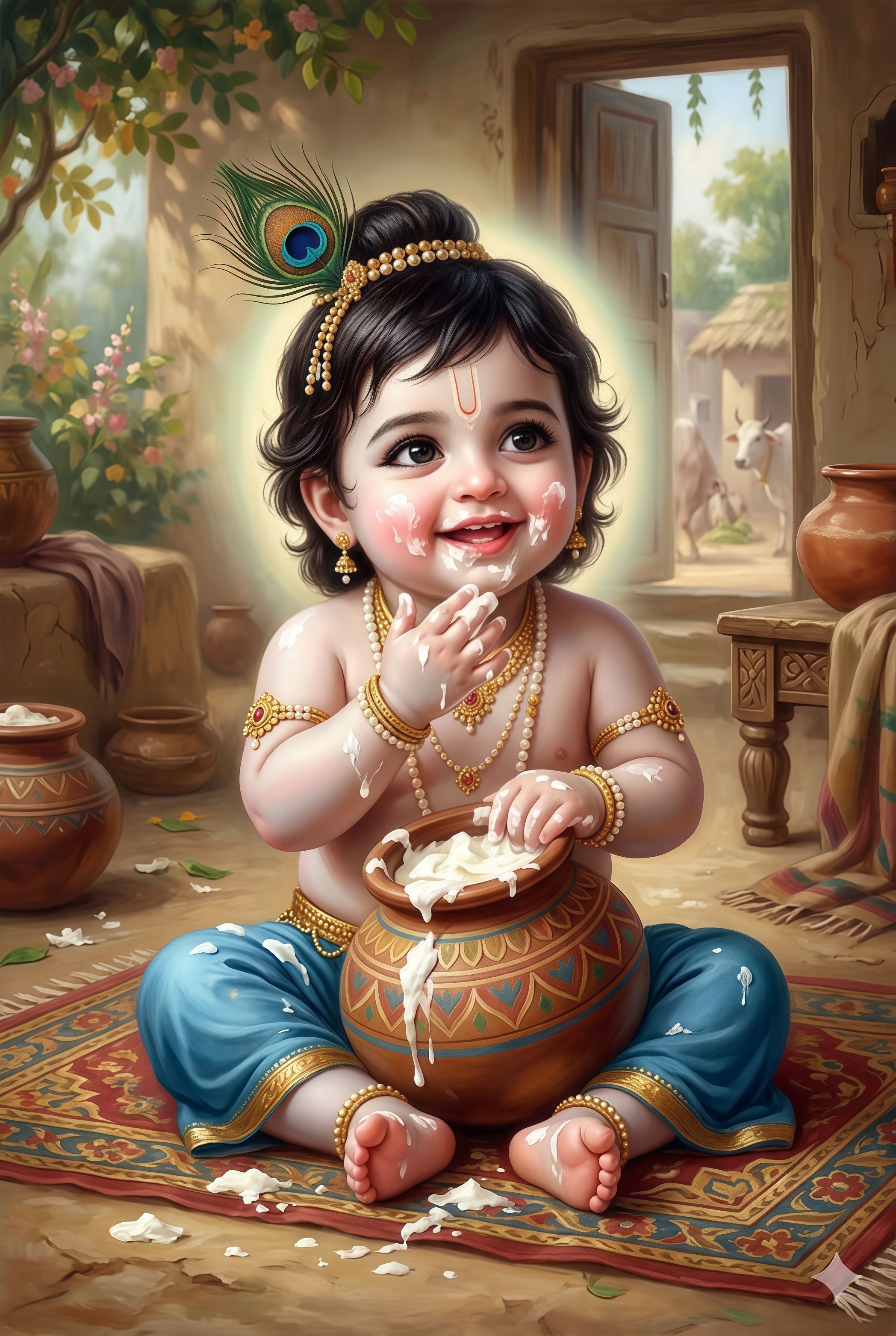 Bal Krishna Makhan Chor Poster | Cute Baby Krishna Wall Art | Premium Divine Home Decor Print 12x18 unframe Paper Print-image-47