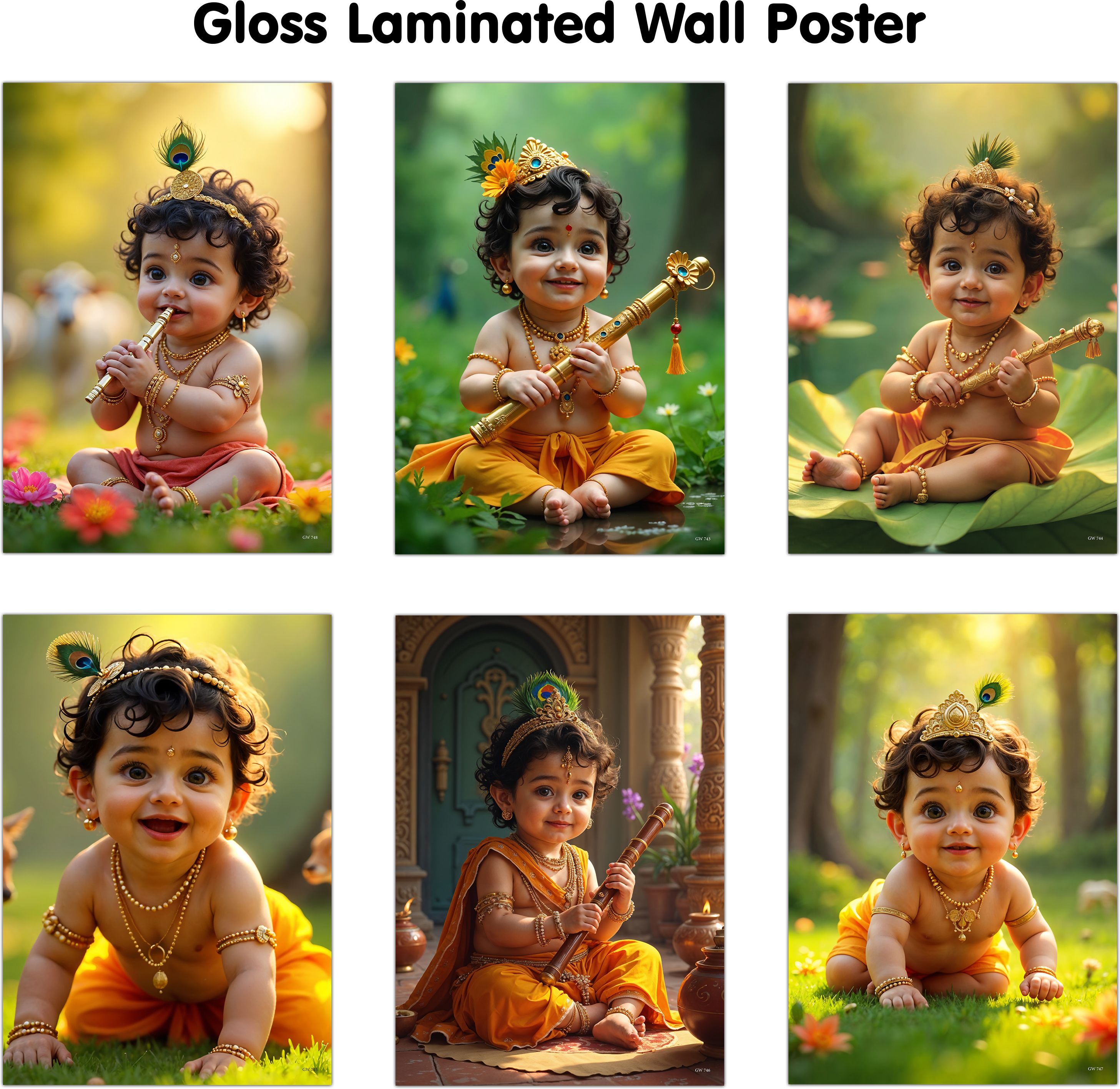 KRISHNA BABY POSTER - 1, 2, 3, 4, 5 and 6 (GLOSS LAMINATION) :- glossy Krishna devotional wall frame, cute posters for home decorations, Krishna poster for pregnancy positivity | Set of 6 baby posters Paper Print-image-15