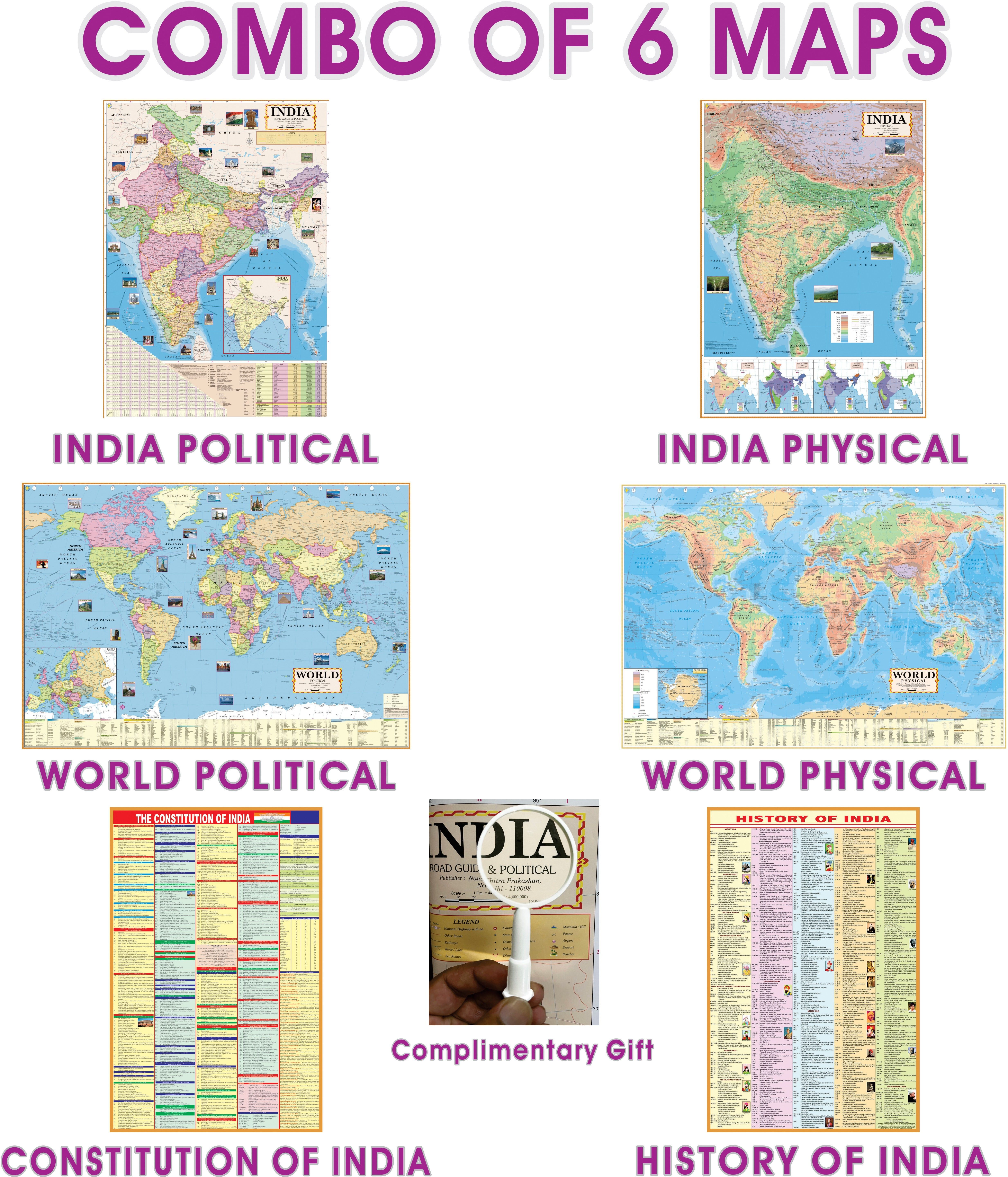 smartbookspublishers (COMBO OF 6 MAPS, CHARTS WITH COMPLIMENTARY MAGNIFYING GLASS GIFT) INDIAN Constitution Map & History of India Map With India & World Map (Both Political & Physical)| Set Of 6| Map Size (28 X 40 Inch) (23 X 36 Inch)| Paper Mint| Complimentary Magnifying Glass| Best Useful for UPSC, SSC, IES and other Competitive Exams. (All English Maps) Paper Print. Paper Print-picture-27
