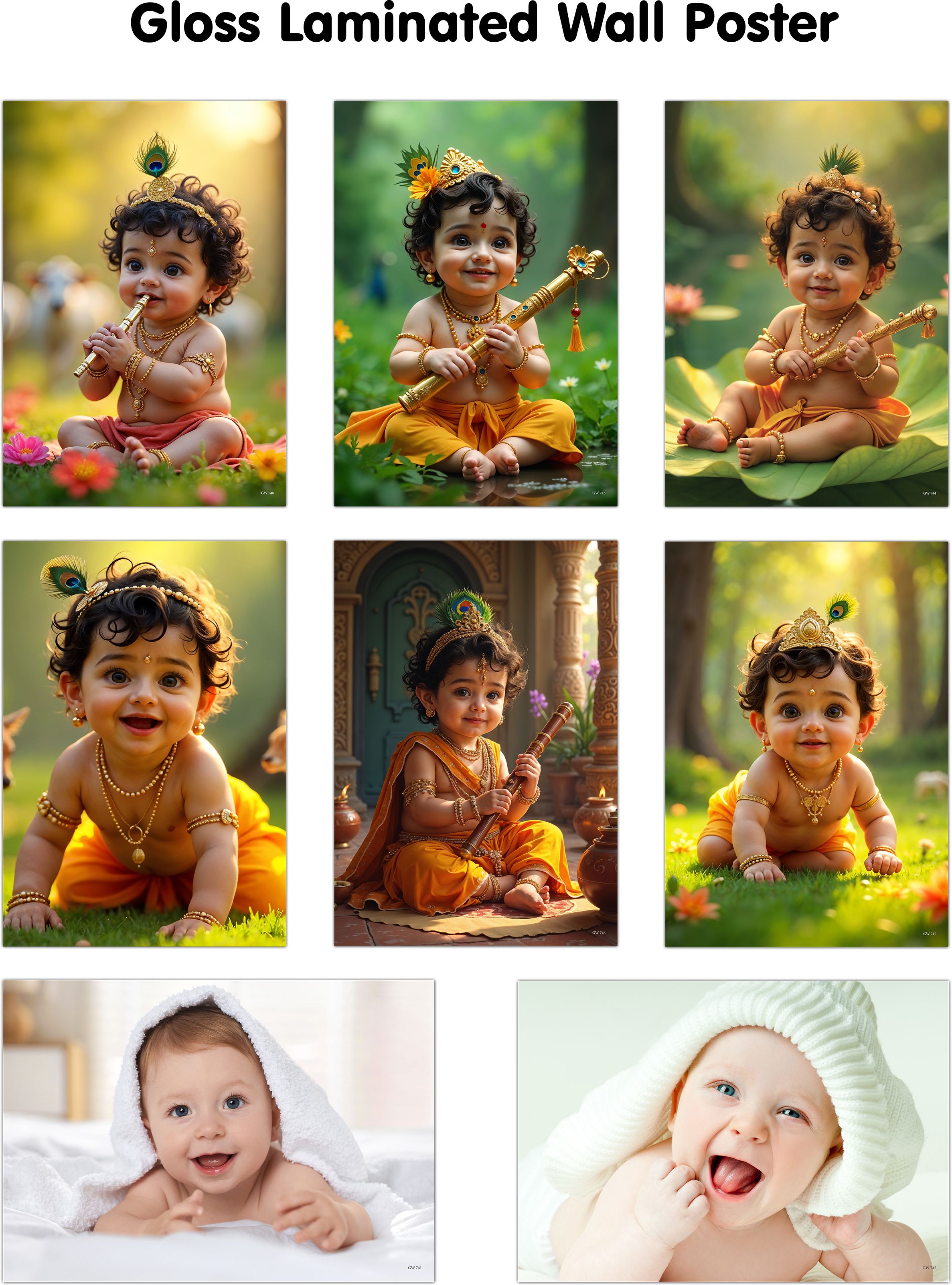 KRISHNA BABY POSTER - 1, 2, 3, 4, 5, 6 and BABY POSTER - 5 and 6 (GLOSS LAMINATION) :- Krishna baby wall décor, stylish baby glossy finish poster, positive pregnancy décor | Pack of 8 baby posters Paper Print-image-17