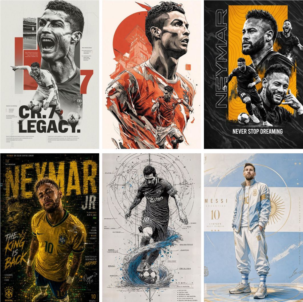 AADHA RETAILŞ Cristiano Ronaldo Lionel Messi and Neymar Jr Football Trinity Wall Posters Pack of 6 A4 Size 8.2x11.7 Inch Each Ultra Thick 400 GSM Cardstock Premium HD Soccer Sports Stars Watercolor Blueprints Art Prints Set for Bedroom Gym and Study Room Unframed Fine Art Print-image-6