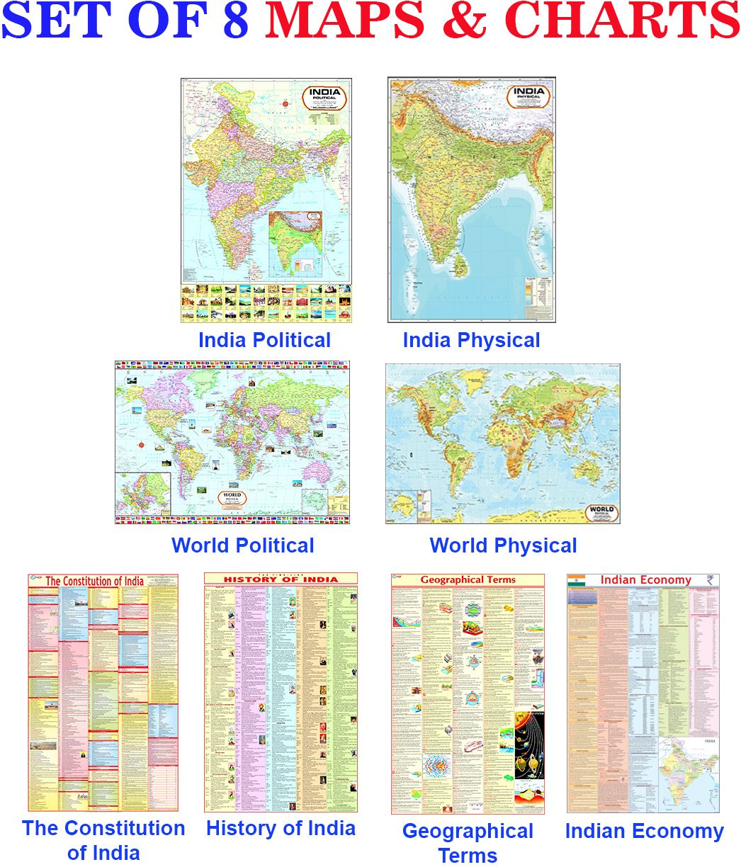 India, World Maps ( Political & Physical ) , Constitution of India, History, Geography Terms & Indian Economy Poster | SET OF 8 | ENGLISH Paper Print