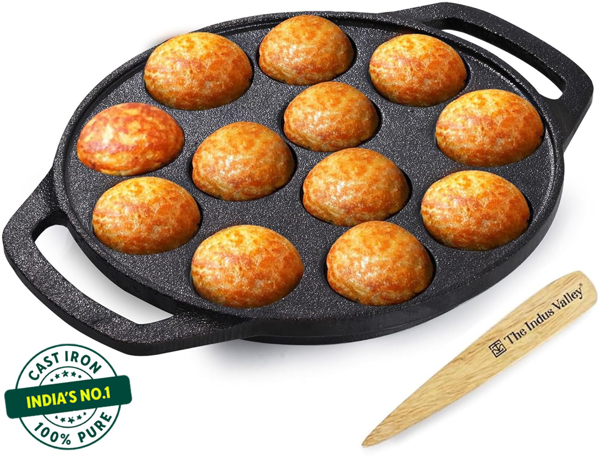 the indus valley Pre-Seasoned Cast Iron Paniyaram Pan With Spatula - 8.3 inch, 12 pit Paniarakkal Set 0 L capacity 21 cm diameter-picture-12