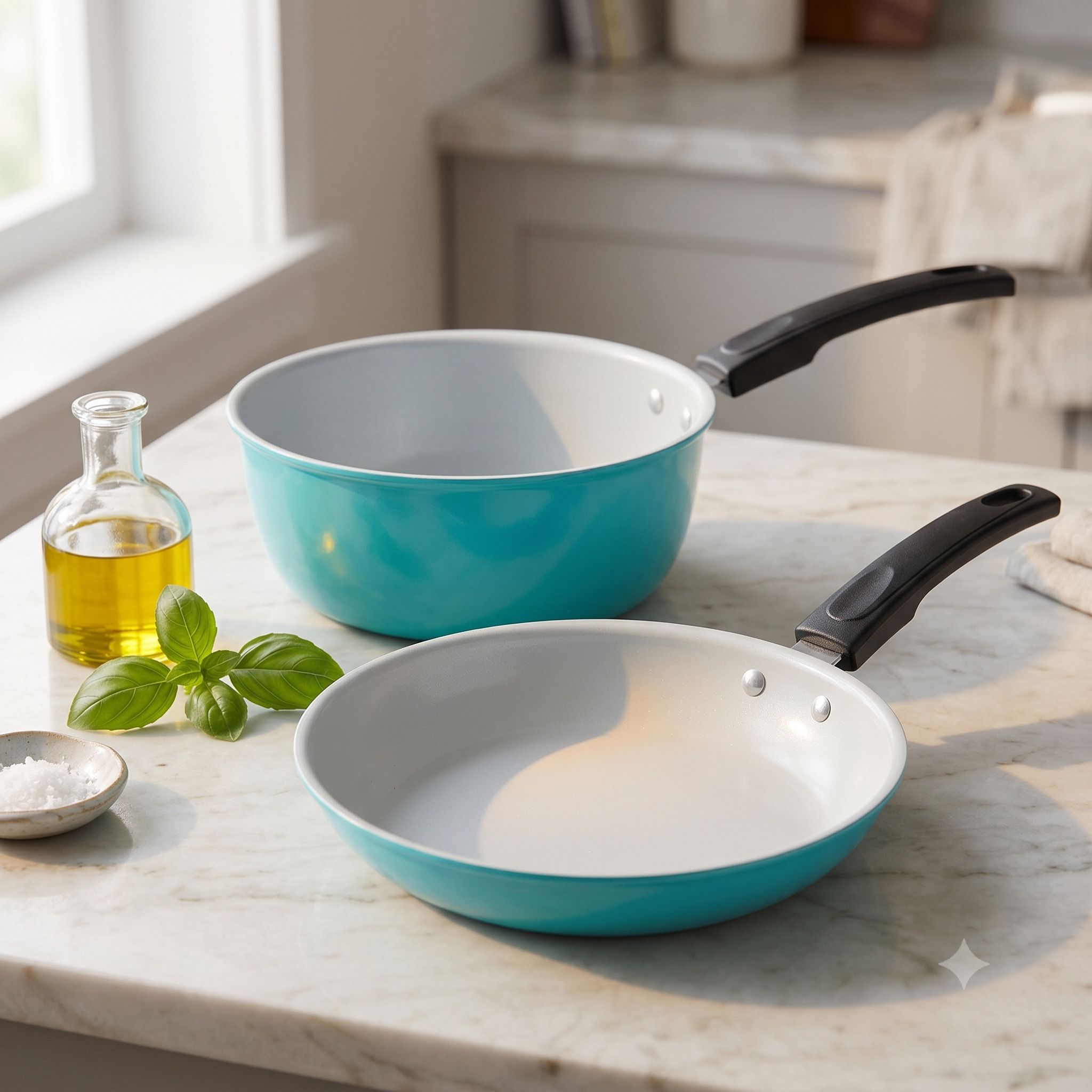 Premium NonStick 2-Piece Cookware Set (Medium Saucepan 20cm + Frypan 23cm, Cyan) Stir Fry Pan 20 cm, 23 cm diameter 1.2 L, 1.4 L capacity-image-4