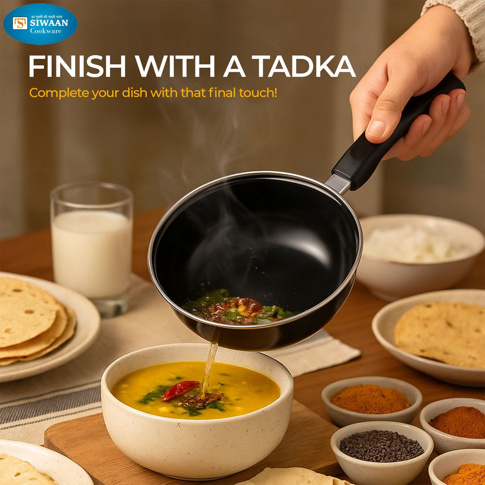 siwaan Scratch Resistant, Enamel Coated, Multipurpose with Handle Tadka Pan 14 cm diameter 1.2 L capacity image 1