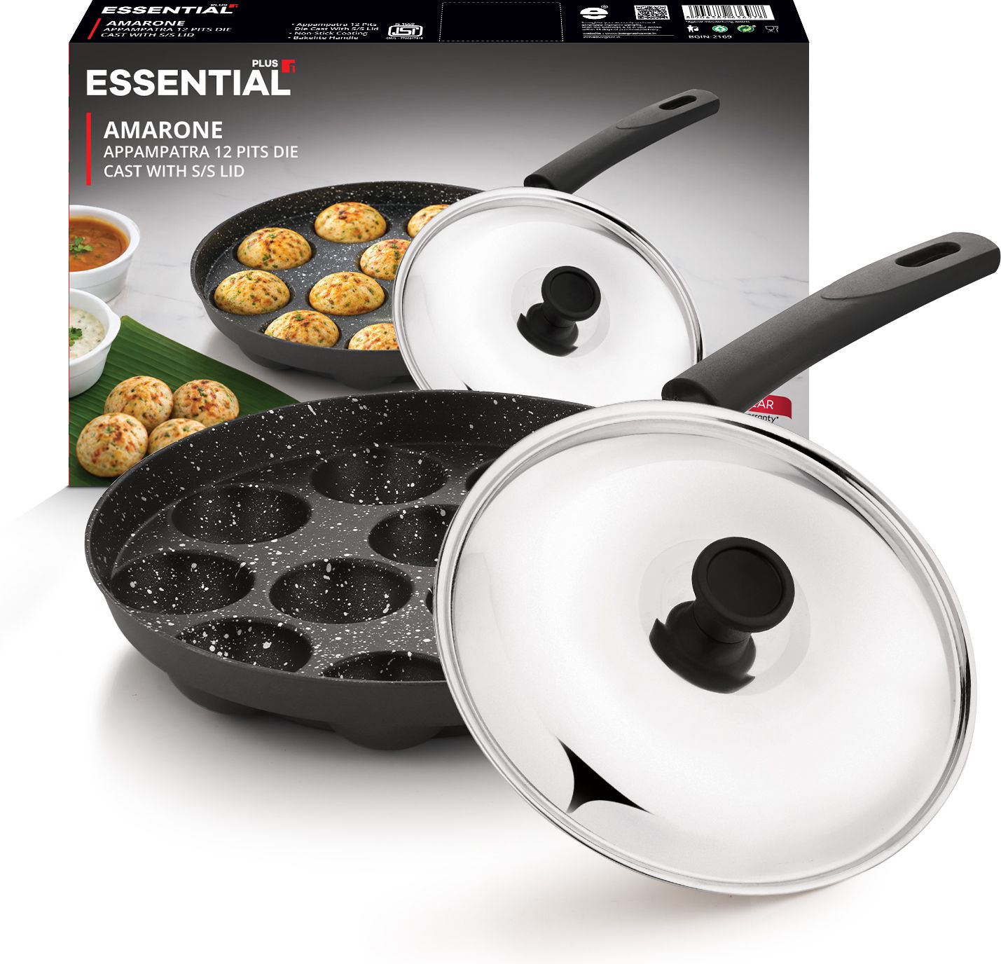 bergner Essential Plus Amarone Die Cast Appam Patra 12 Pits, PFOA-Free, Bakelite Handle, Paniarakkal Pan 22 cm diameter with Lid 0 L capacity-picture-48