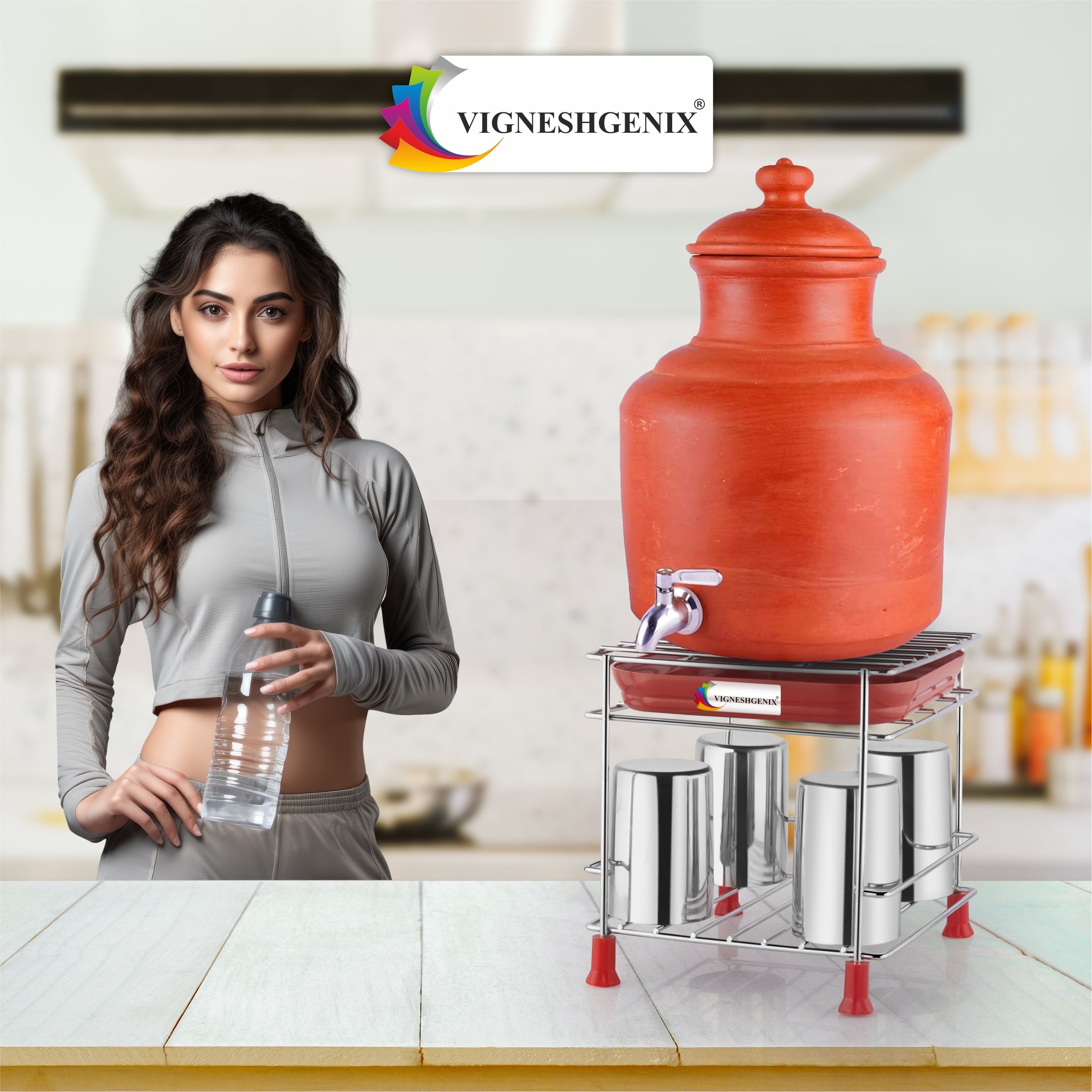 SS Matka Stand for Water Pot FREE Water Tray with Water pot Stand for kitchen Stainless Steel Glass Holder